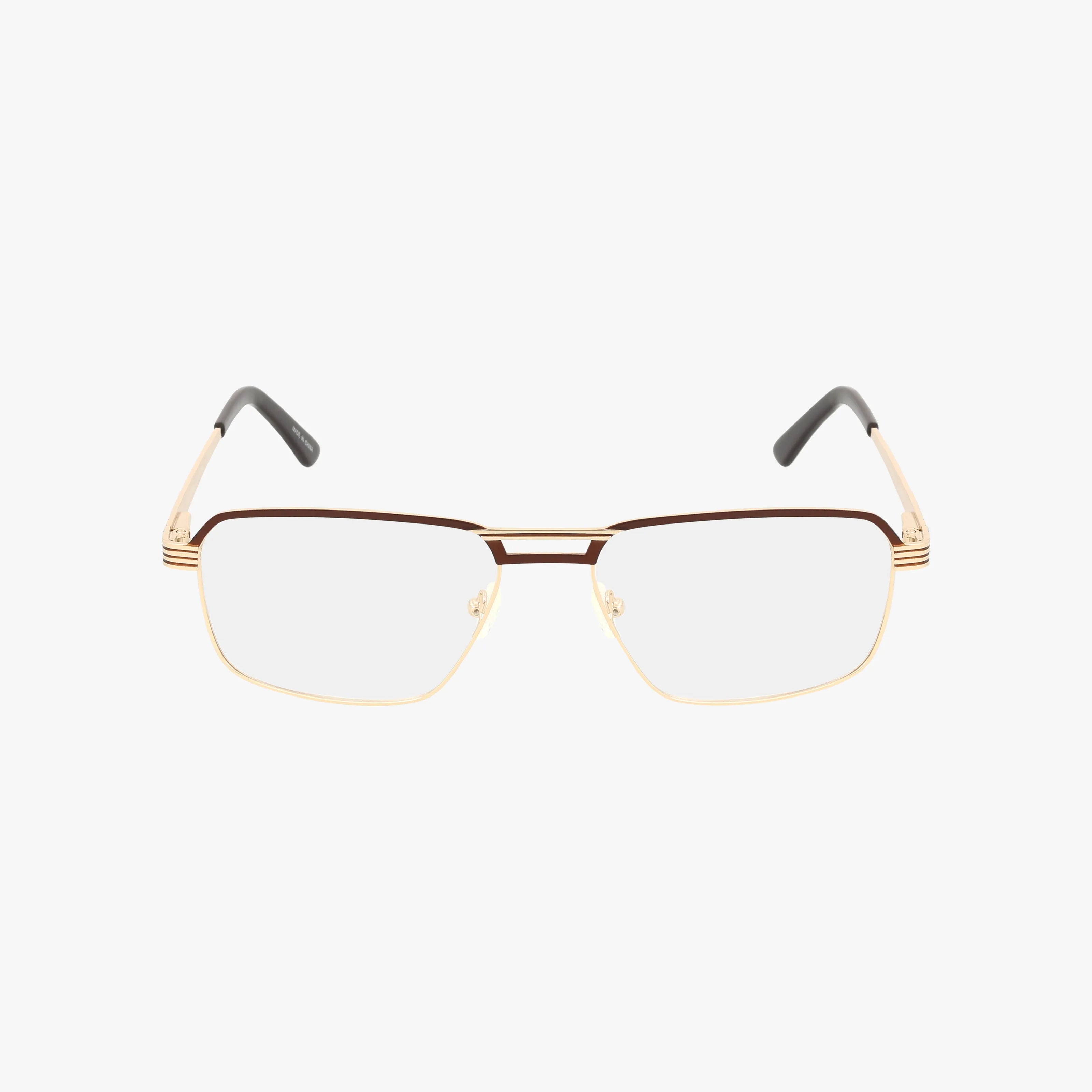 The Eight To Eighty DEACON features rectangular gold metal frames with brown upper rim detailing and black arm tips. Lightweight and ideal for daily wear, these eyeglasses are shown against a plain white background.