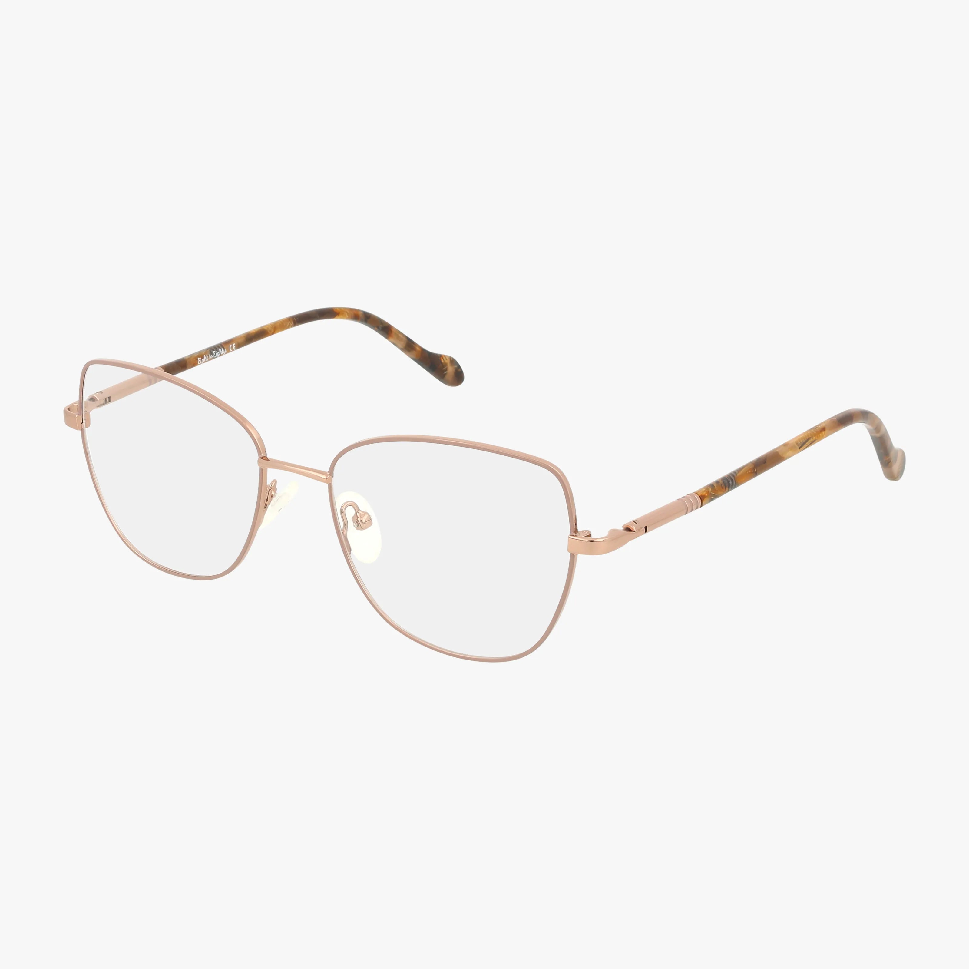 The JEMMA by Eight To Eighty features thin gold metal frames with large, slightly angular lenses and brown tortoiseshell-patterned arms—combining timeless style and modern appeal. Color: Brown.