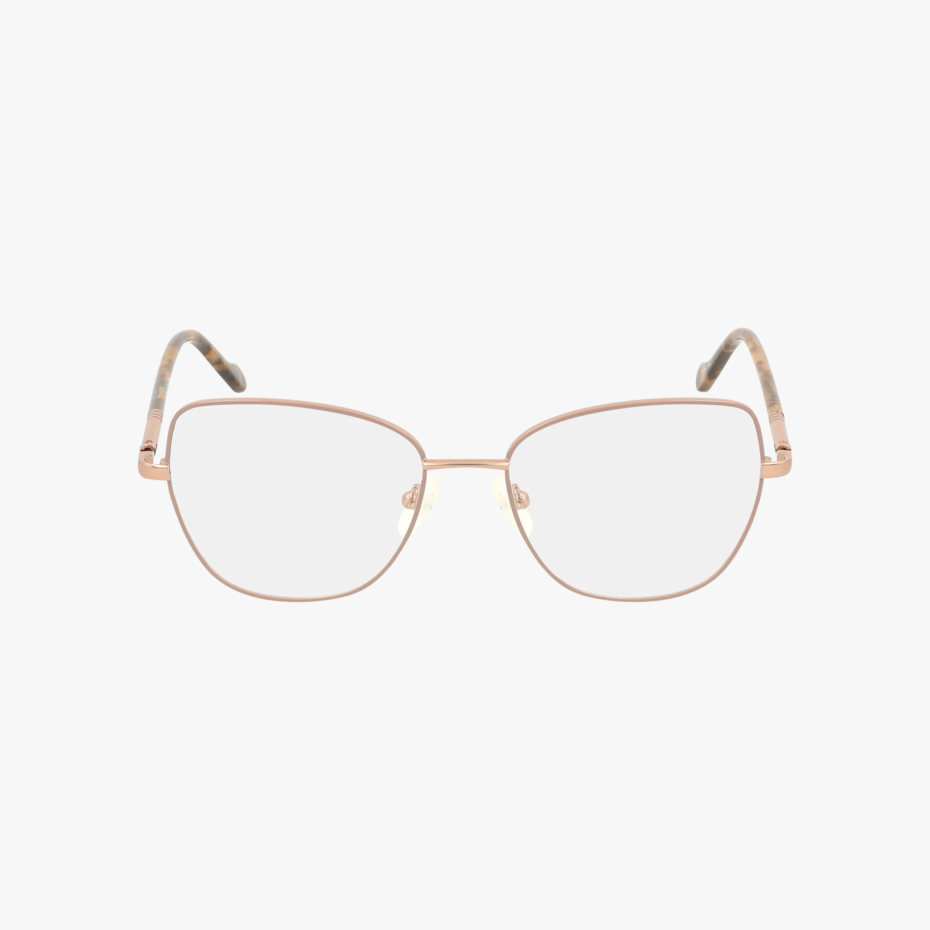 The JEMMA by Eight To Eighty features thin rose gold metal frames with slightly rounded square lenses and tortoiseshell-patterned temples, providing style and durability. The gently curved ends add comfort. Shown on a plain white background.