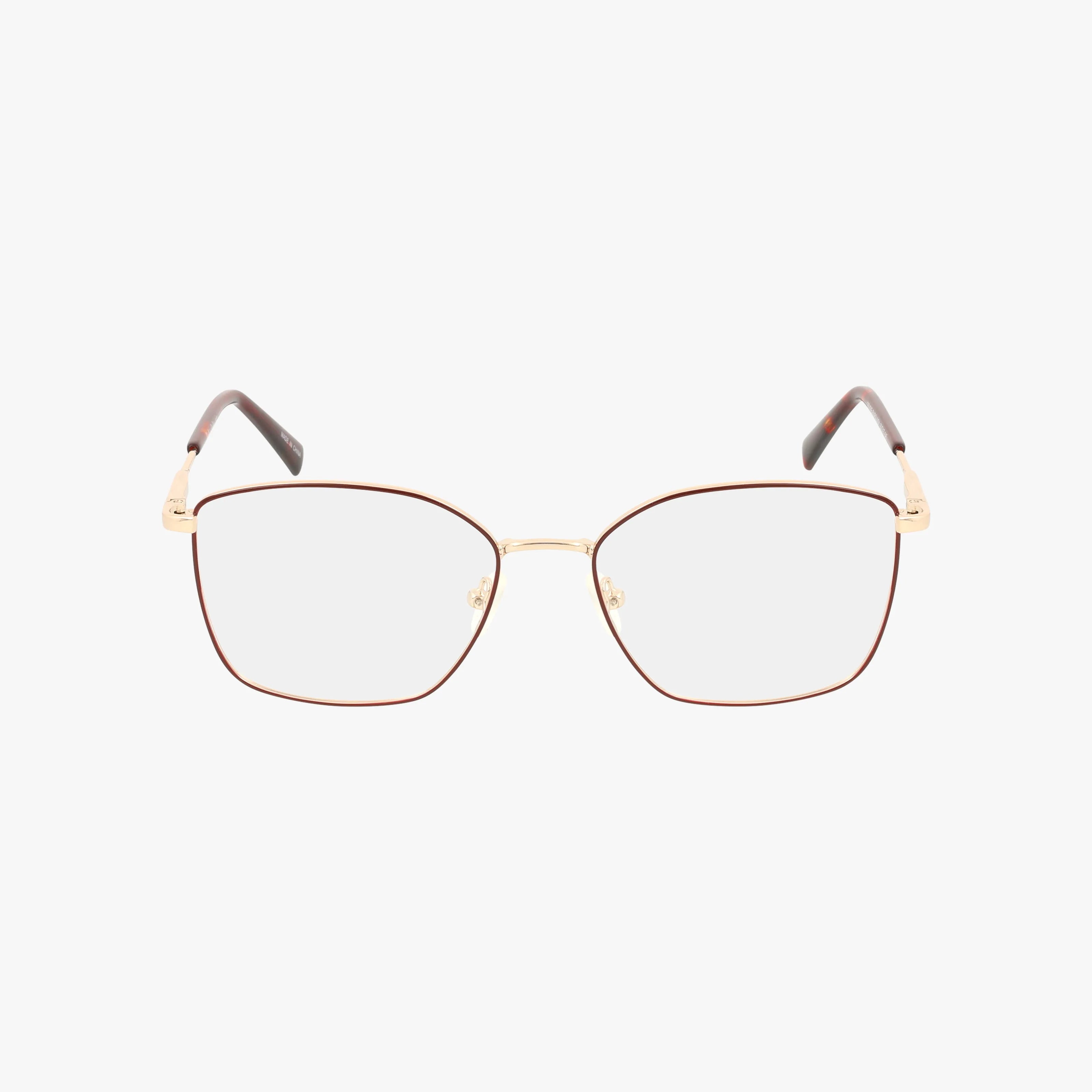 GOLDIE by Eight To Eighty: square-rimmed eyeglasses with a tailored thin brown metal frame, gold side accents, and clear lenses create a distinctive look. Shown on a white background.