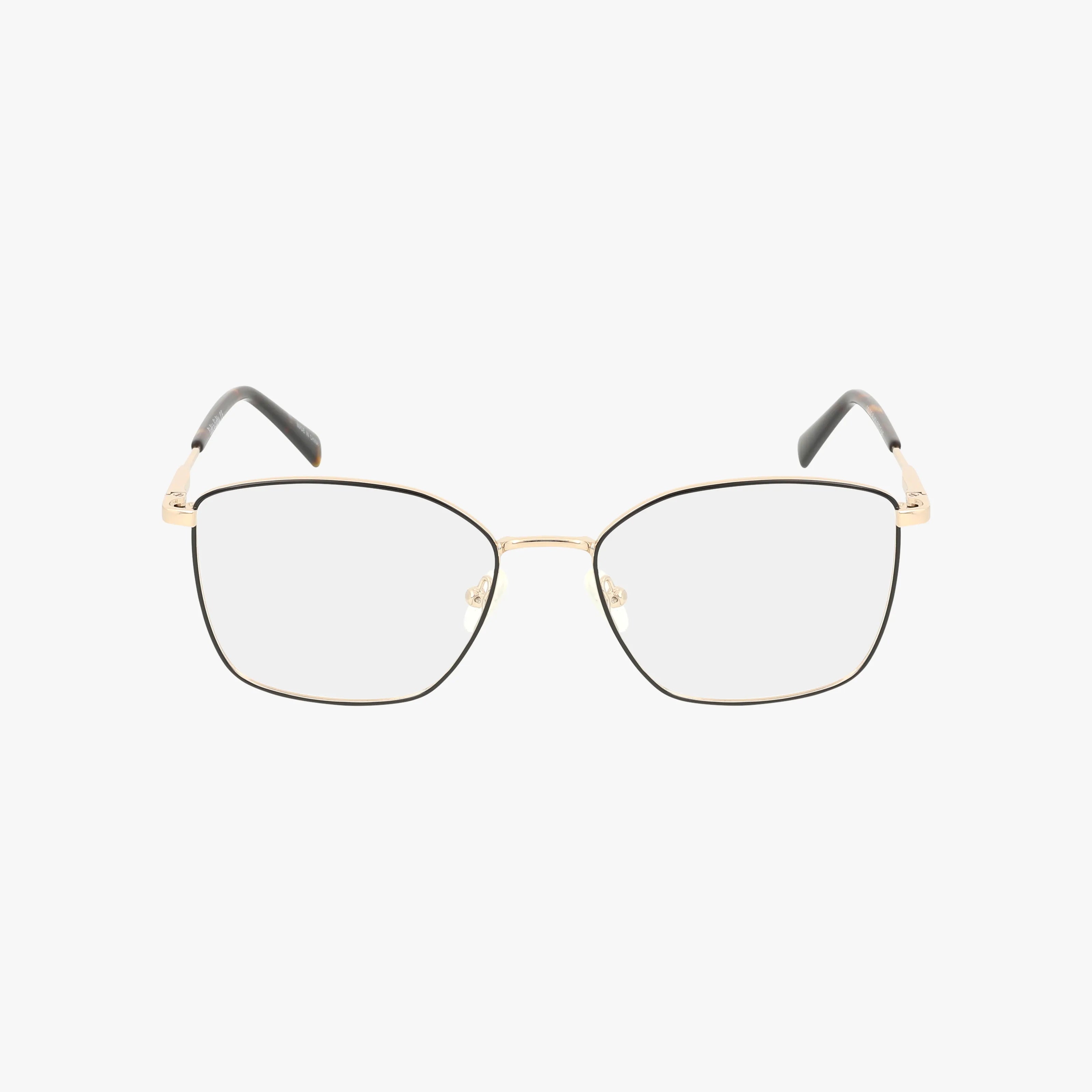 The Eight To Eighty GOLDIE eyeglasses feature thin gold metal square frames with black temple tips, offering a modern, distinctive look. Displayed on a white background.