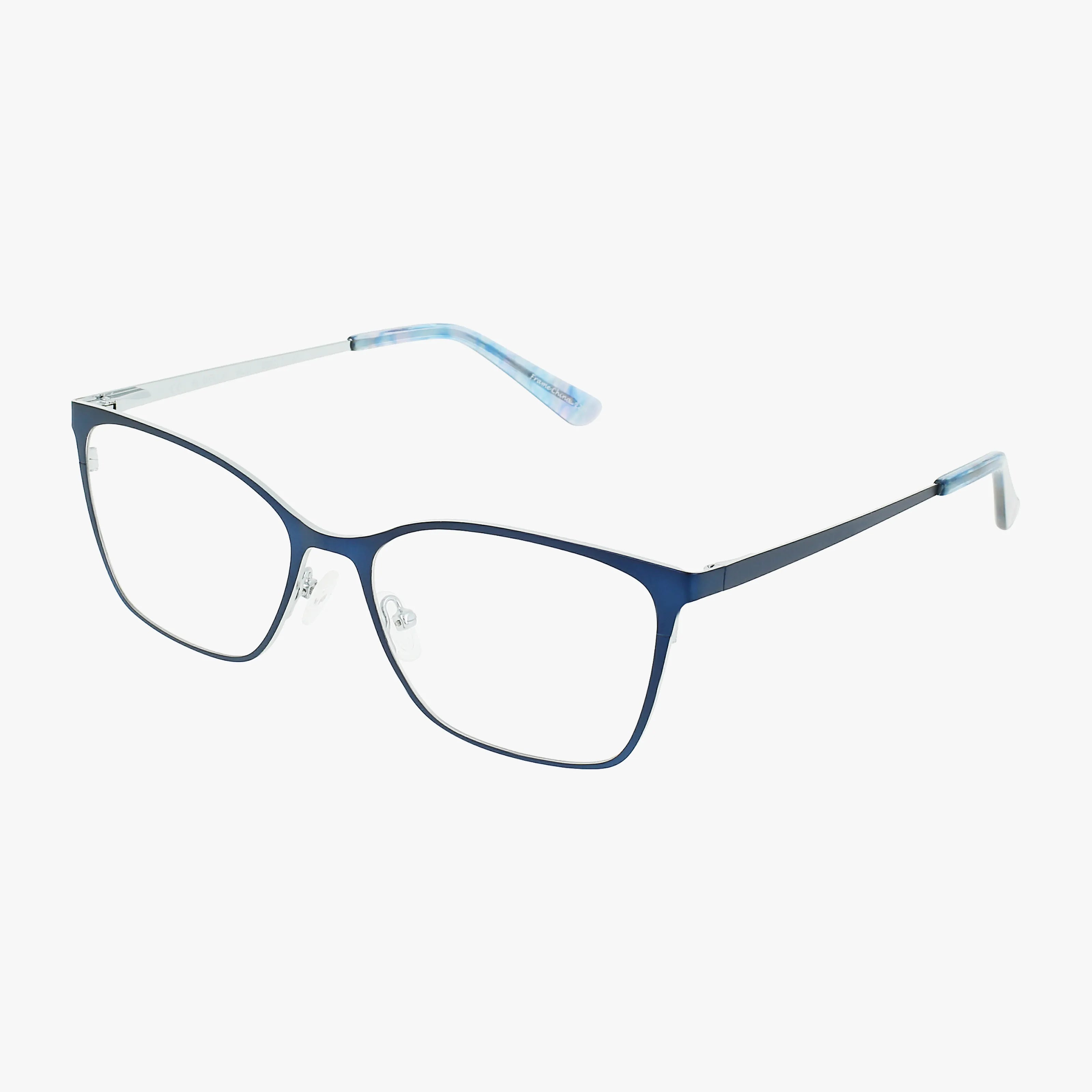 BELLA by Bloom: Stylish eyeglasses with thin, dark blue rectangular rims and clear lenses. Slim temples transition to white, finished with light blue and pink accents at the tips for a well-balanced look.