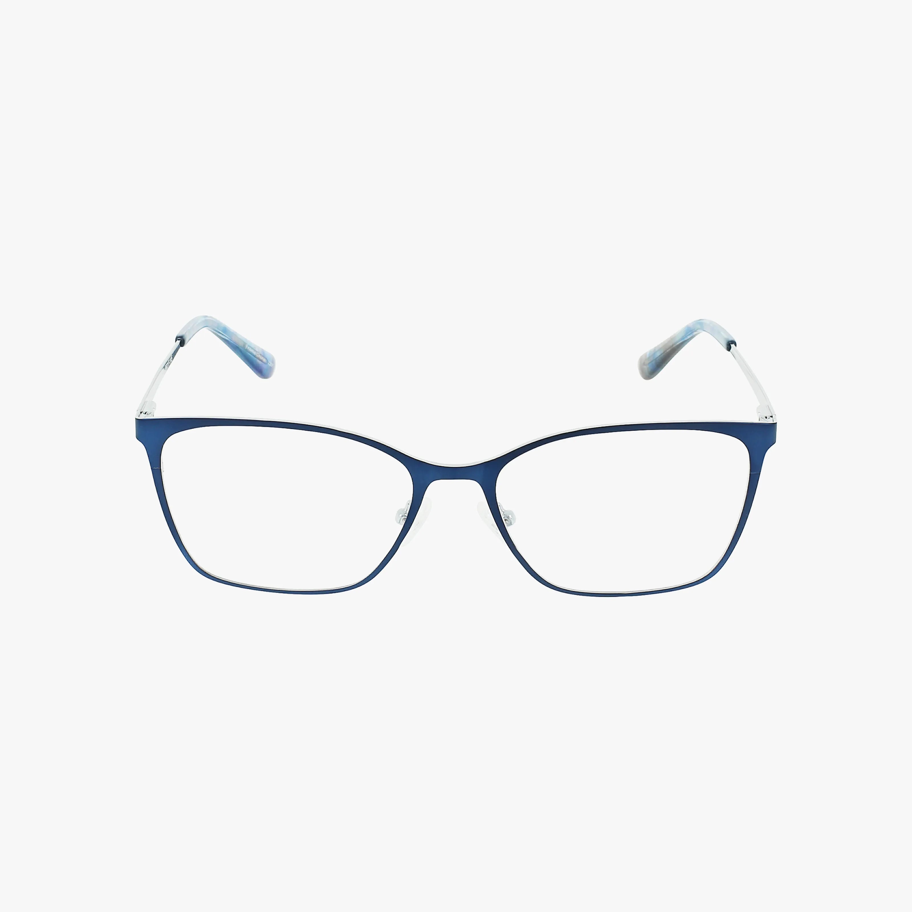 The Bloom BELLA eyeglasses feature a stylish blue rectangular frame with translucent blue temple tips and a well-balanced design, shown against a plain white background.