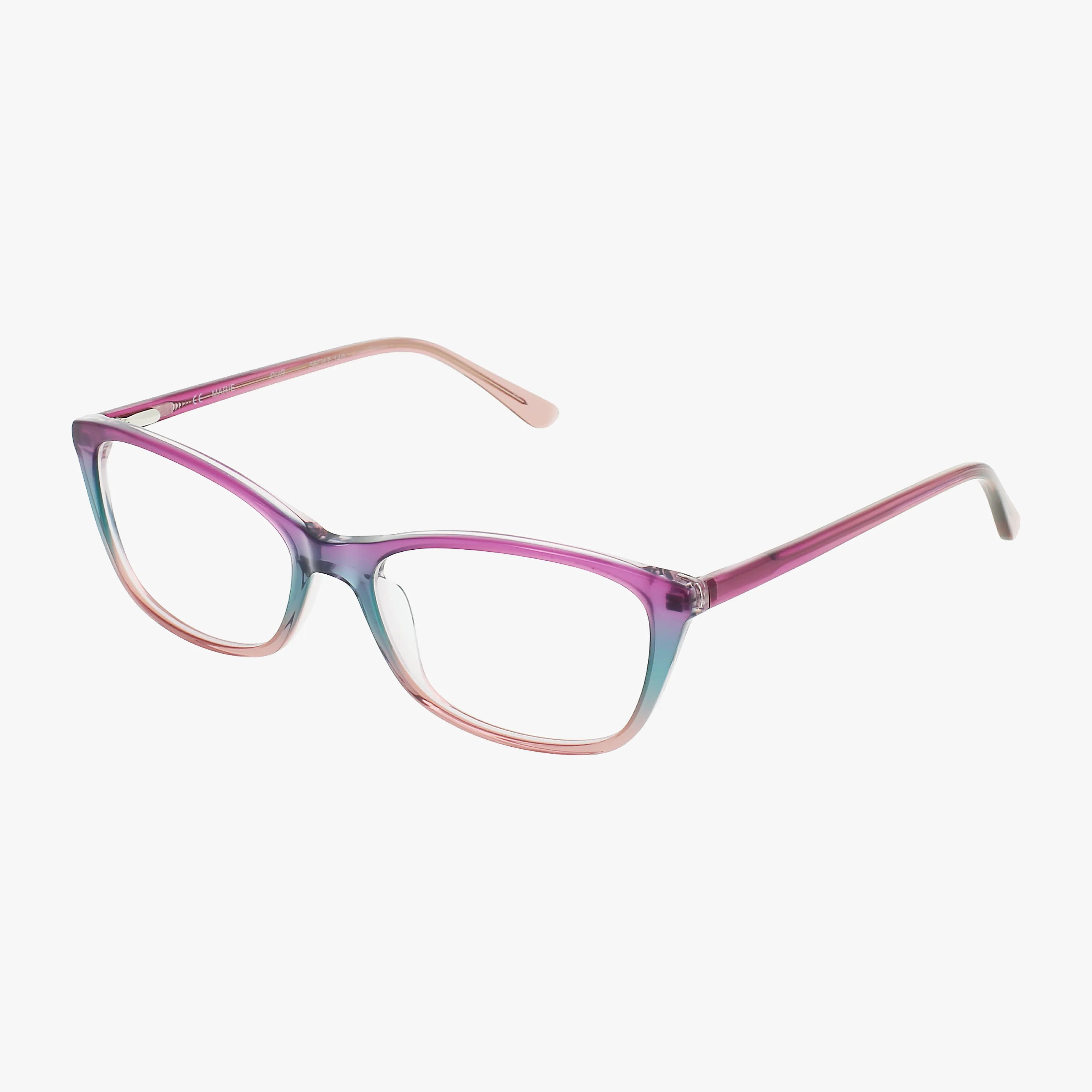 Bloom’s MARIE cat-eye eyewear features translucent frames in a purple, pink, and teal gradient. Lightweight for all-day comfort, shown on a white background.