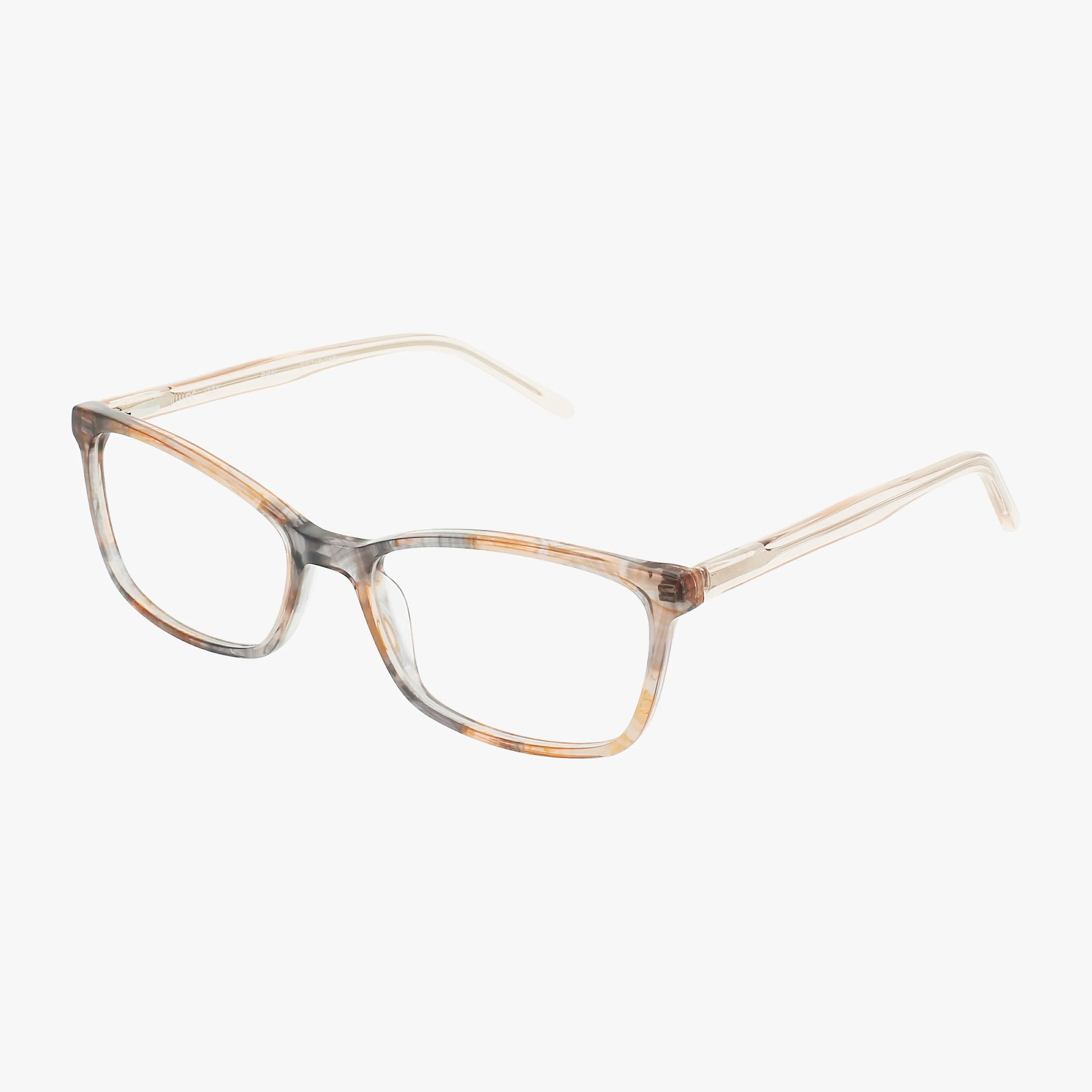 Bloom’s IZZY eyeglasses feature a translucent rectangular frame with striking light brown and gray marbled patterns, making them a bold and stylish choice. Shown on a white background.