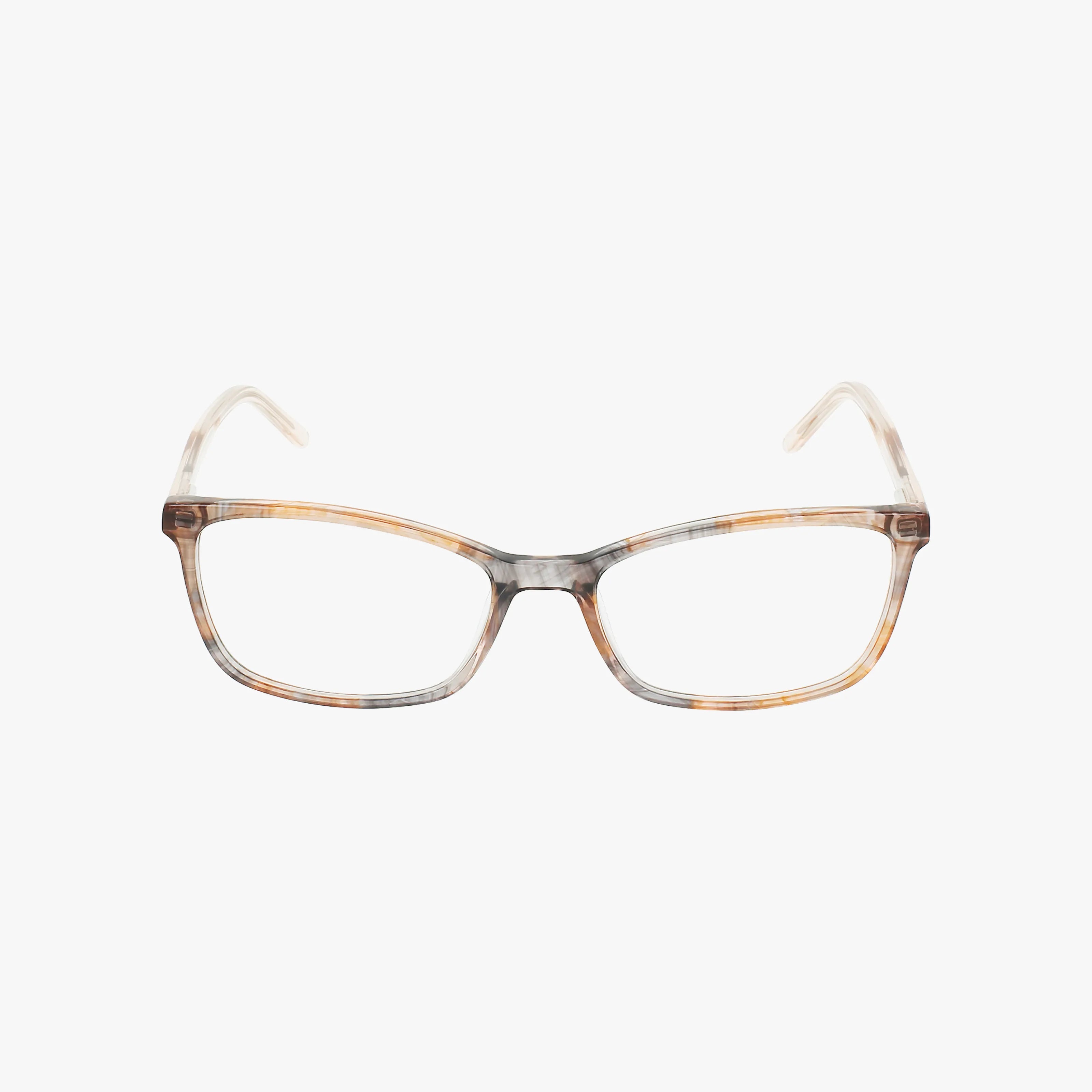 The Bloom IZZY eyeglass frames feature a bold, slight cat-eye shape in translucent brown and gray rectangular design, showcased on a plain white background.