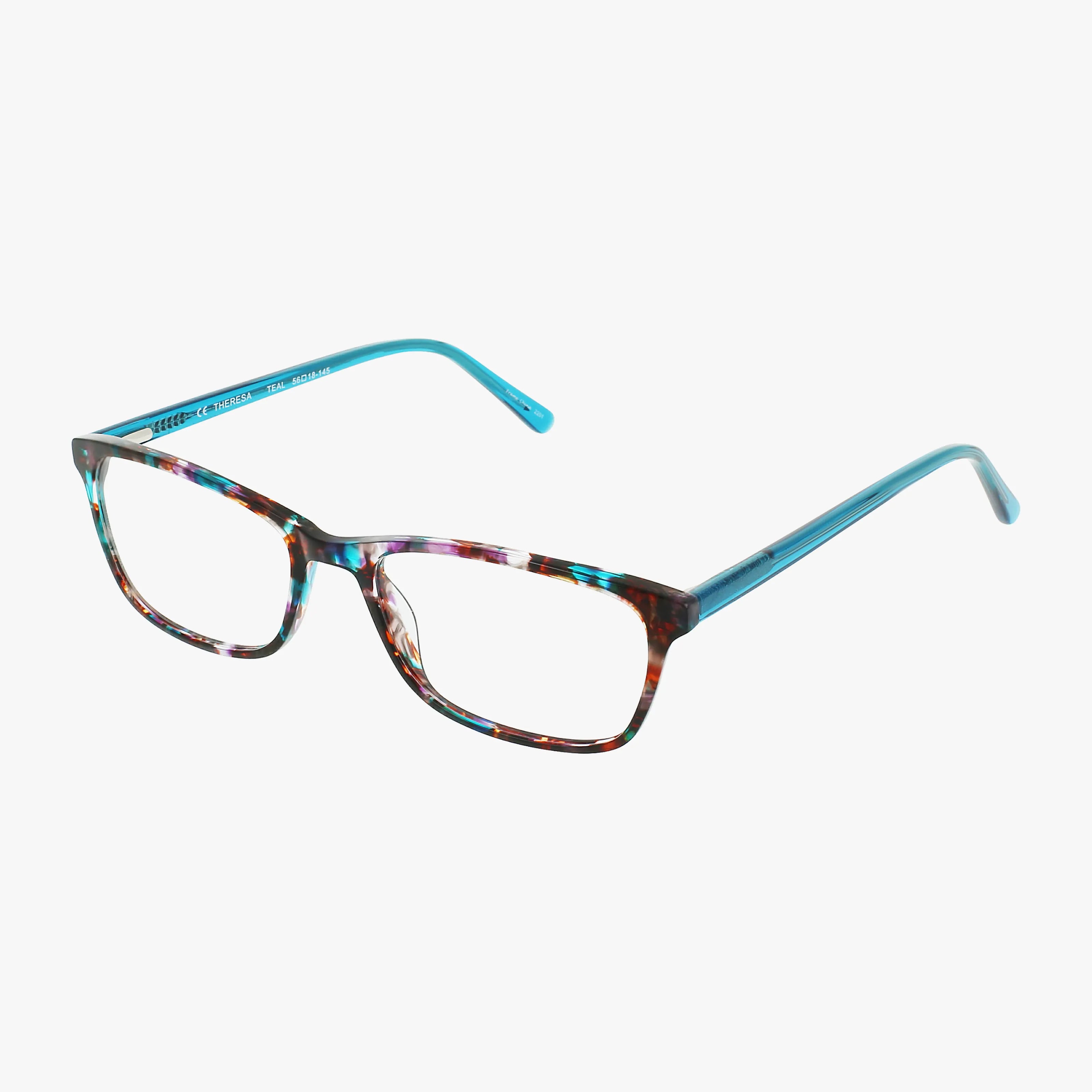 The THERESA eyeglasses by Bloom feature a polished, multicolored rectangular frame in blue, brown, and pink with solid light blue arms. Durable and stylish, theyre shown on a white background.