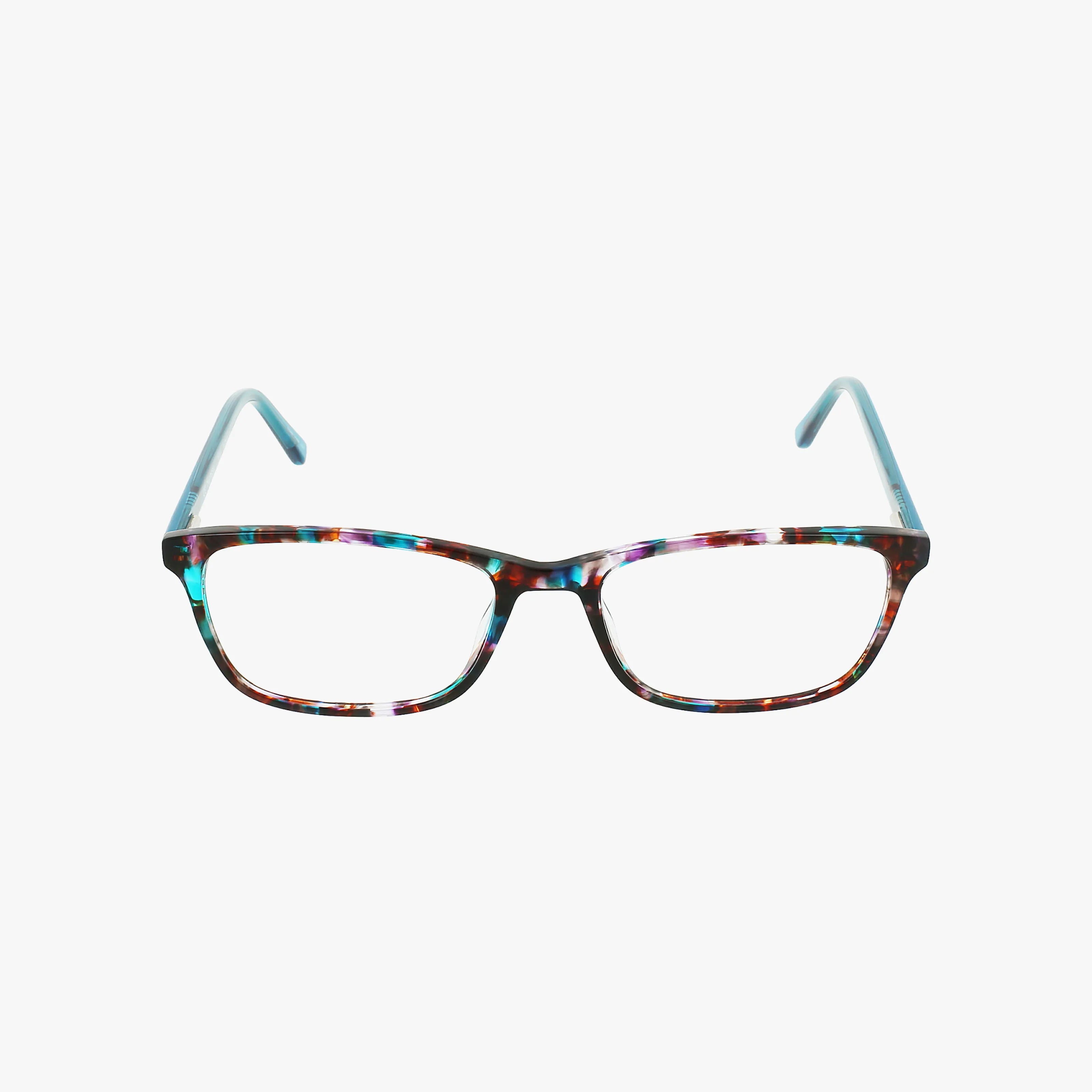 THERESA by Bloom: Rectangular eyeglasses with a polished multicolored tortoiseshell frame in blue, brown, and red—combining style and durability. Photographed on a plain white background.