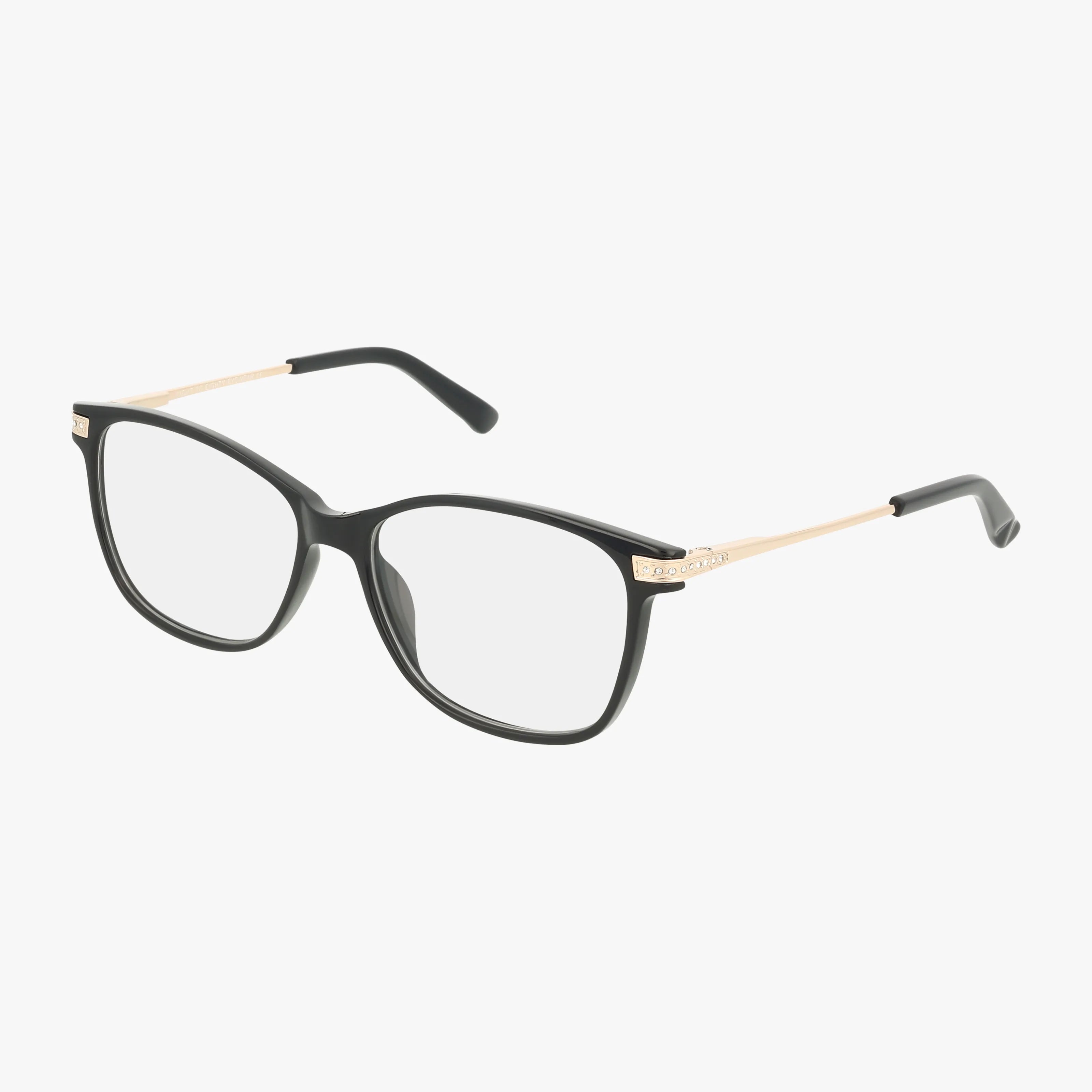 The BRIANNA by Eight To Eighty features a classic design with black rectangular fronts and thin gold metal arms, blending timeless style with modern construction, shown on a white background.