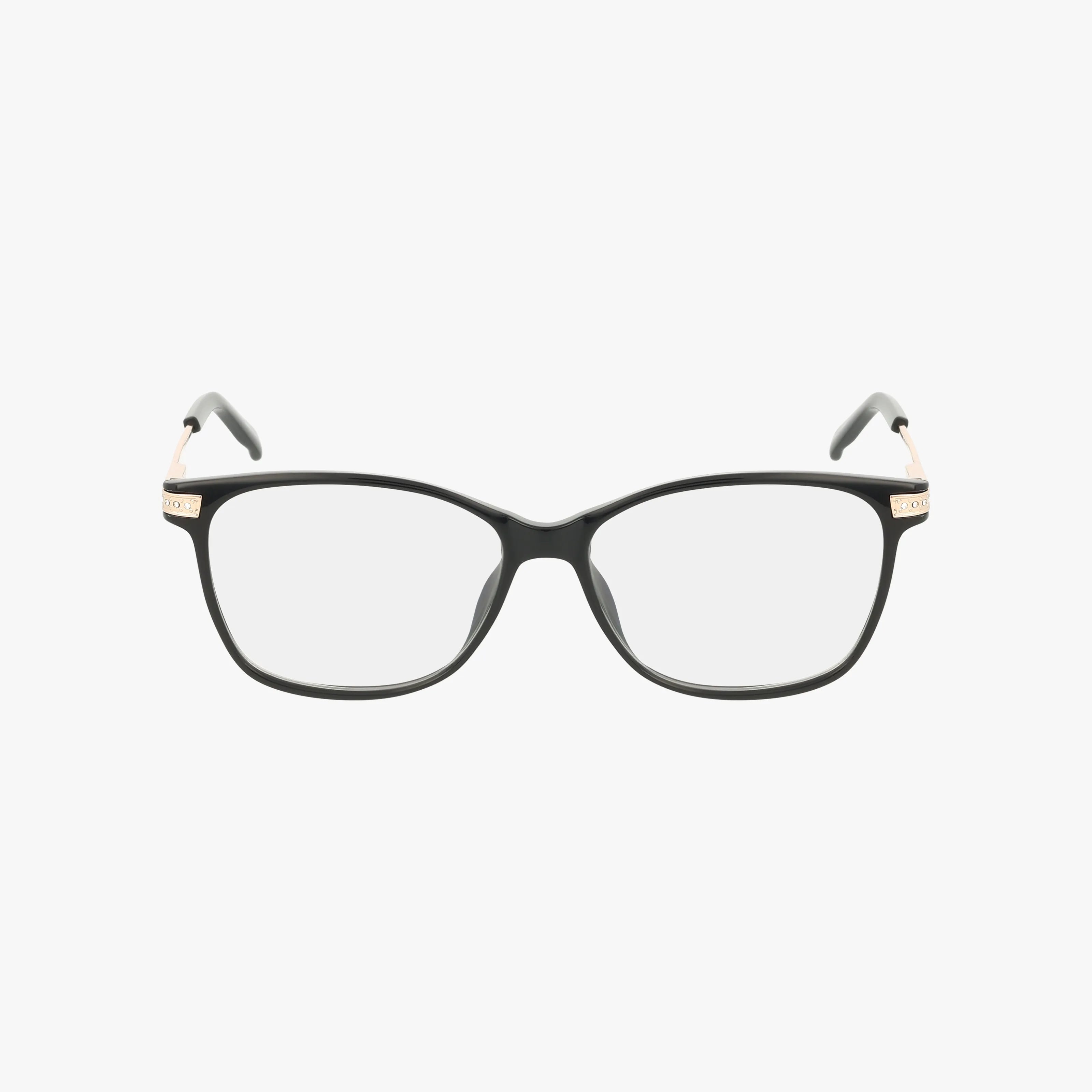 Front view of Eight To Eighty’s BRIANNA frame in black with gold-accented temples, combining timeless style and modern construction, shown against a plain white background.