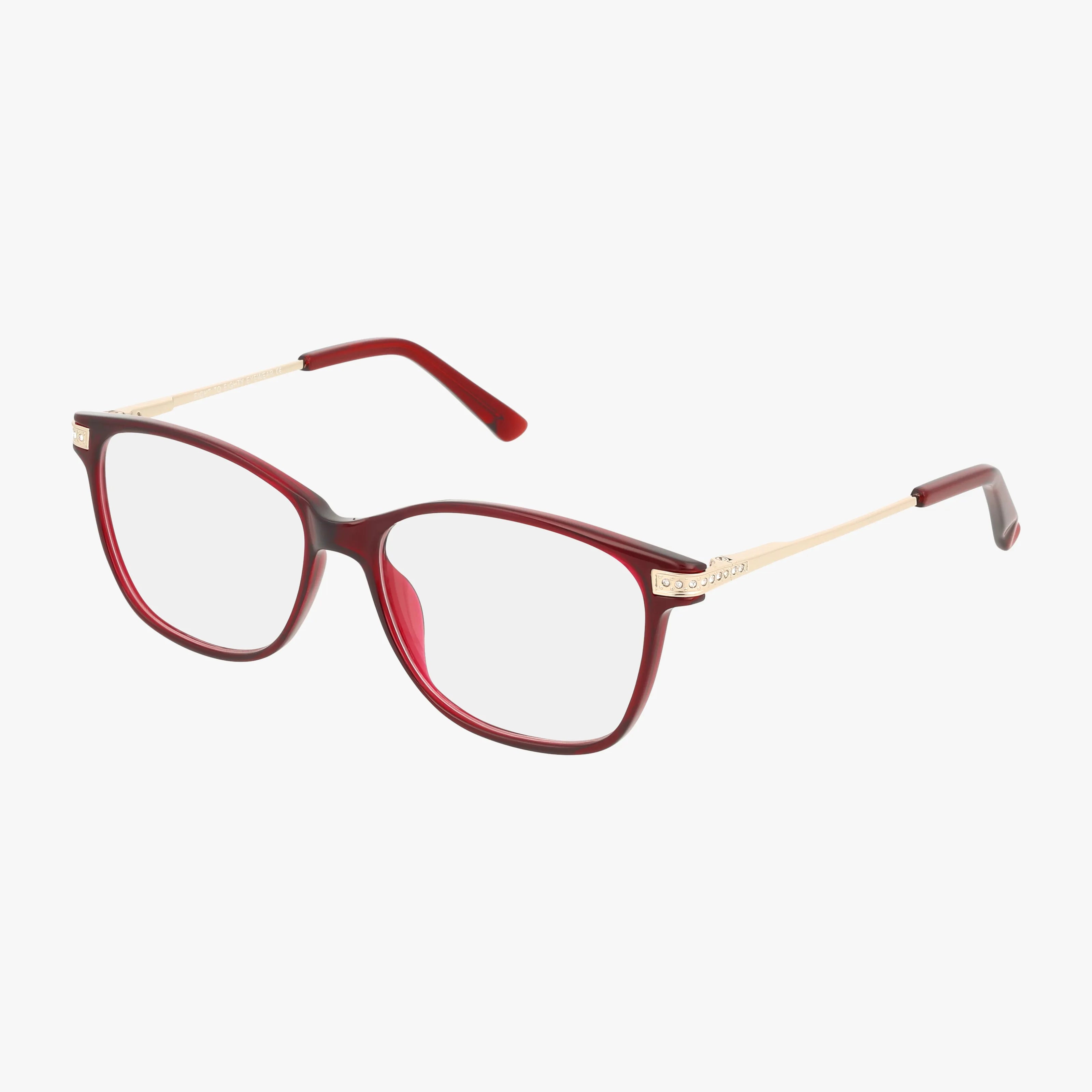 BRIANNA by Eight To Eighty: Rectangular eyeglasses with red frames and gold metal arms, featuring a subtle cat-eye shape and clear lenses. A timeless yet modern design displayed on a white background.