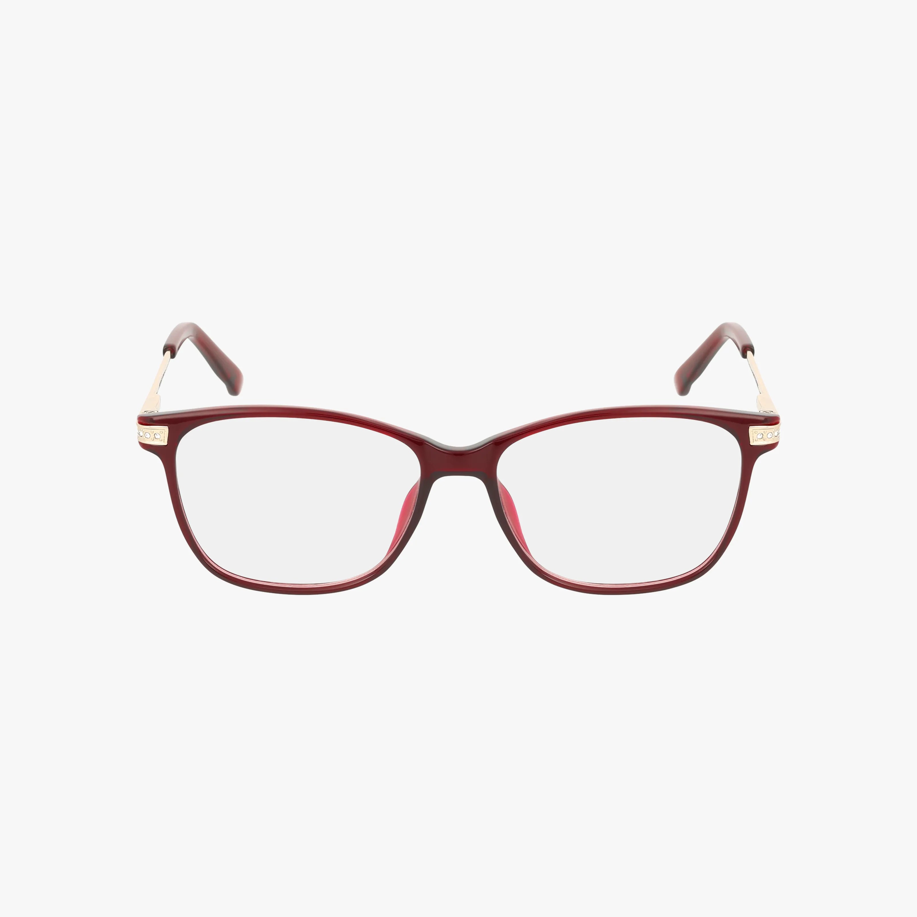 The BRIANNA by Eight To Eighty is a pair of rectangular red eyeglasses with gold hinge detailing, showcasing a classic frame and modern build against a plain white background.
