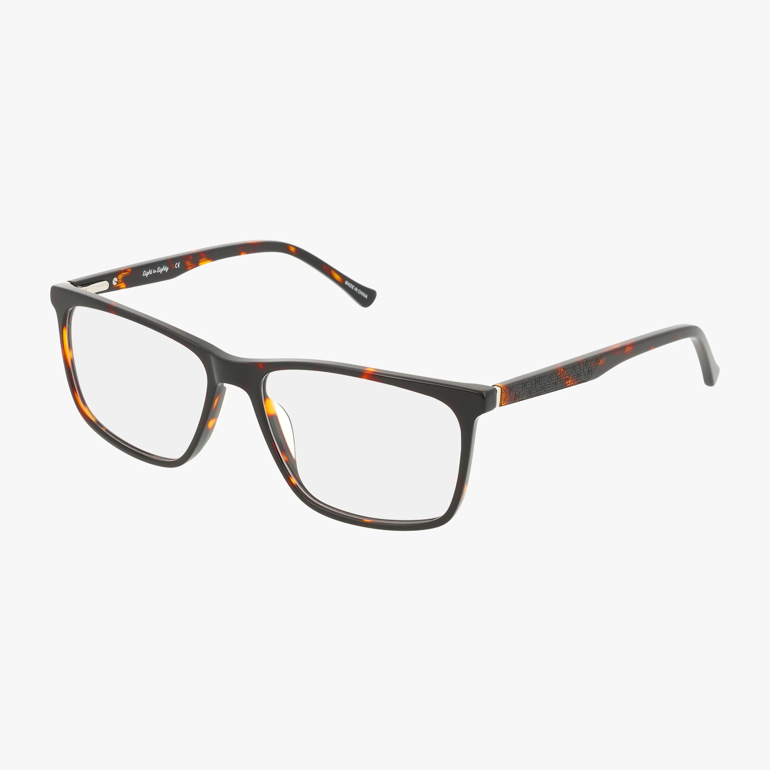 The BABY BOY eyeglasses by Eight To Eighty feature a tortoise rectangular frame with clear lenses and textured temple detailing. Shown on a white background, these frames are compatible with personalized lens options.