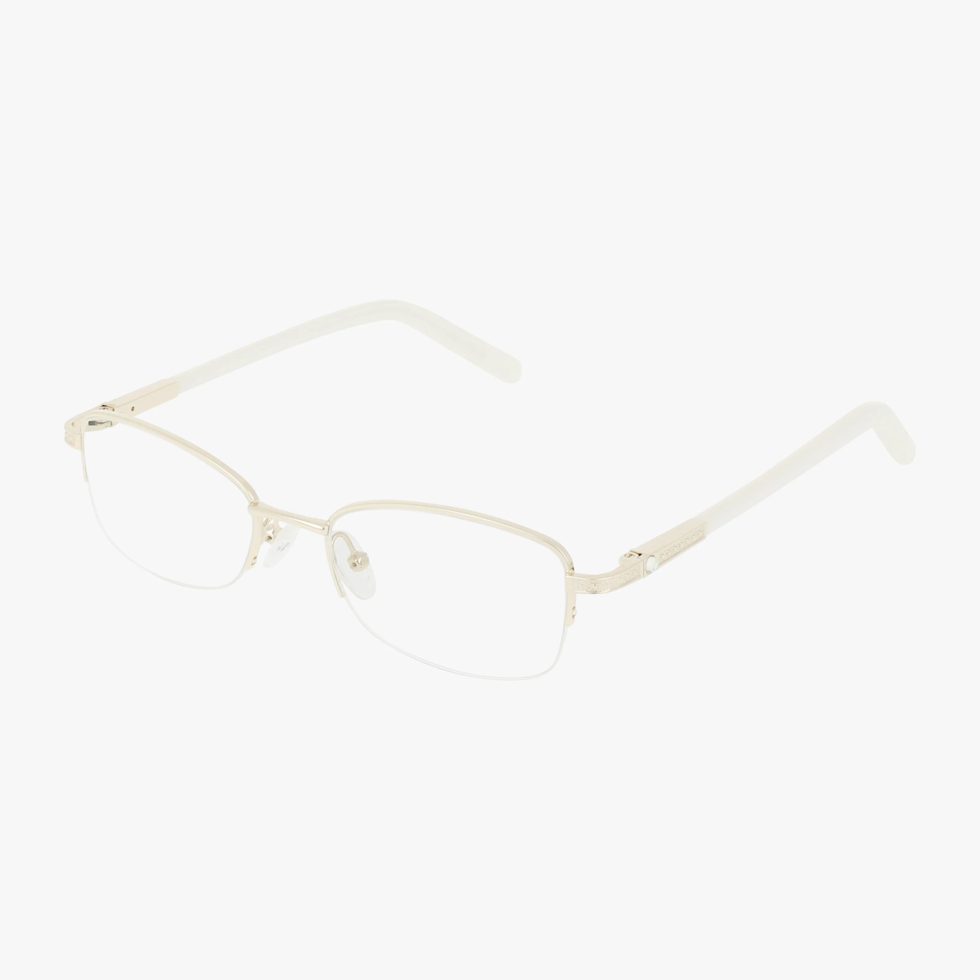 The Eight To Eighty BEA eyeglasses feature a gold semi-rimless frame with rectangular lenses and clear nose pads, shown on a white background—a bold design crafted for everyday excellence.