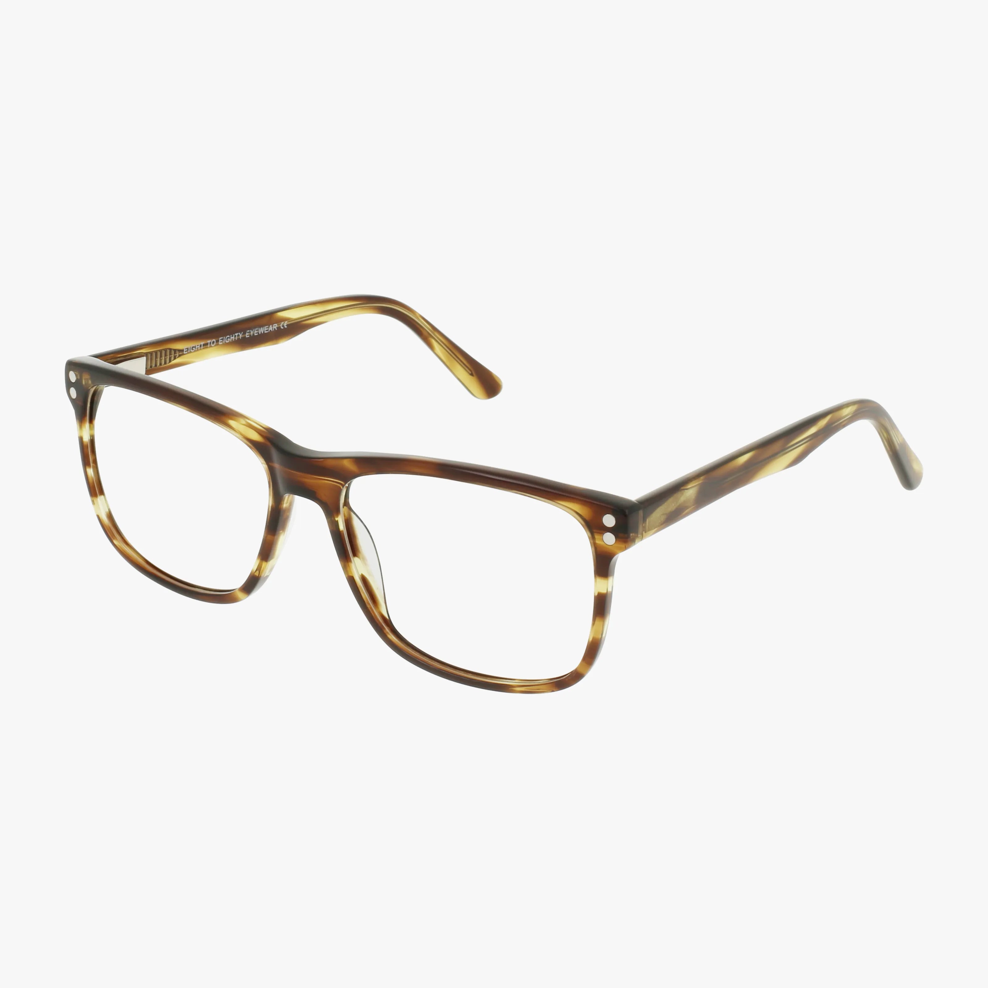 The Eight To Eighty CARLOS eyeglasses feature rectangular lenses, slightly curved arms, and durable Green Olive frames, shown against a plain white background.
