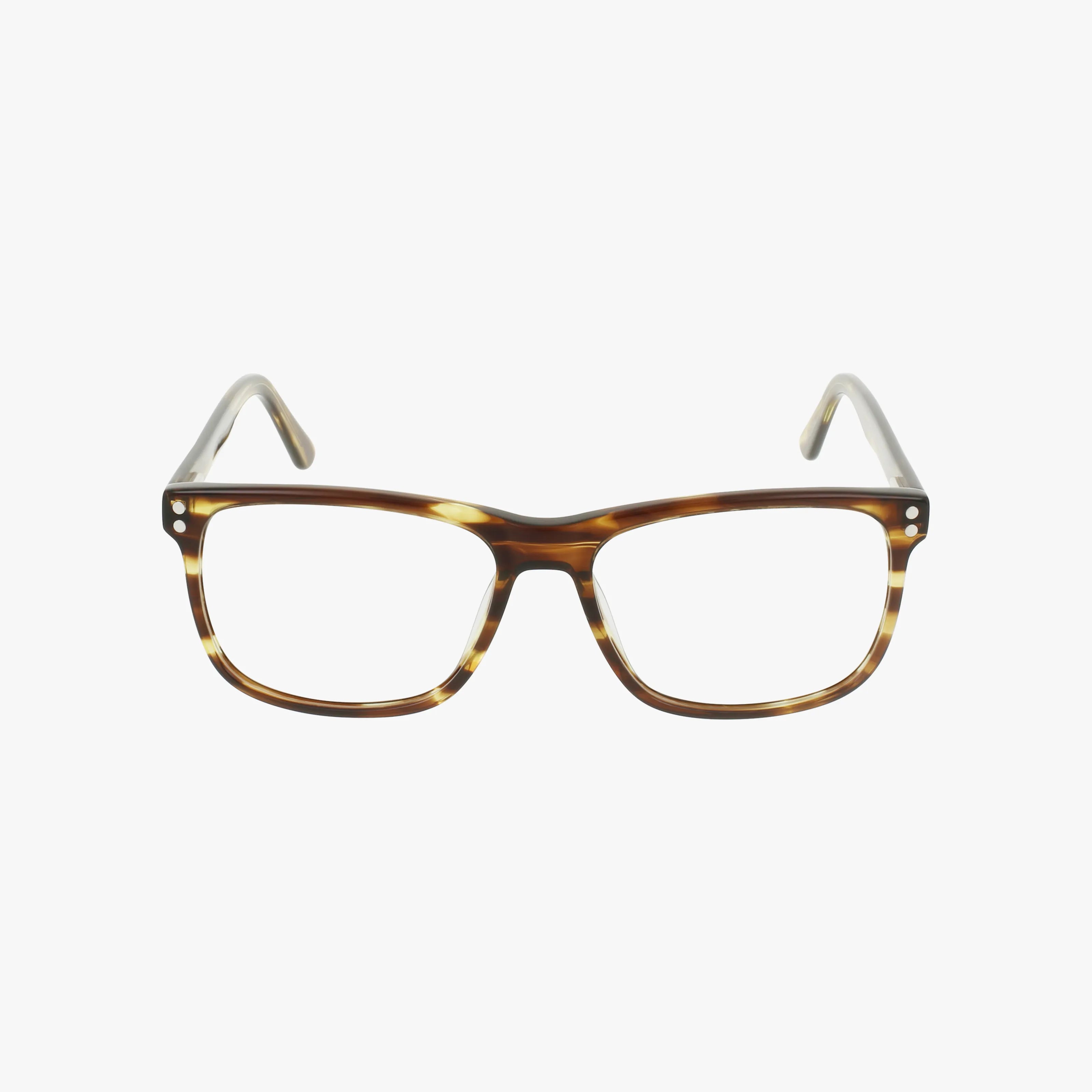 The CARLOS by Eight To Eighty are rectangular eyeglasses with a brown tortoiseshell frame, clear temple arms, and durable construction, displayed on a plain white background.