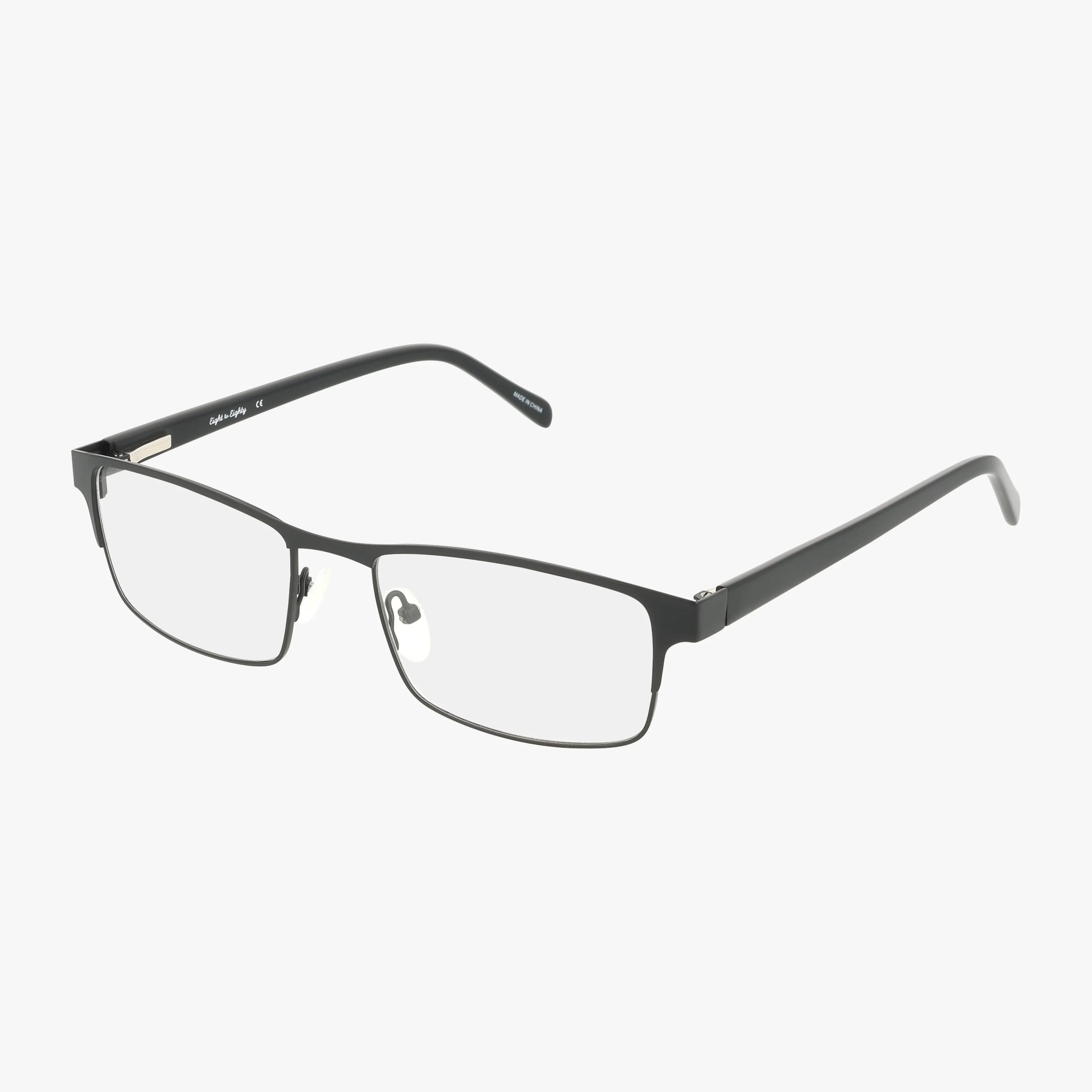 The Eight To Eighty CLASSY eyeglasses, featuring rectangular black frames and clear lenses, showcase timeless style and quality craftsmanship against a white background.
