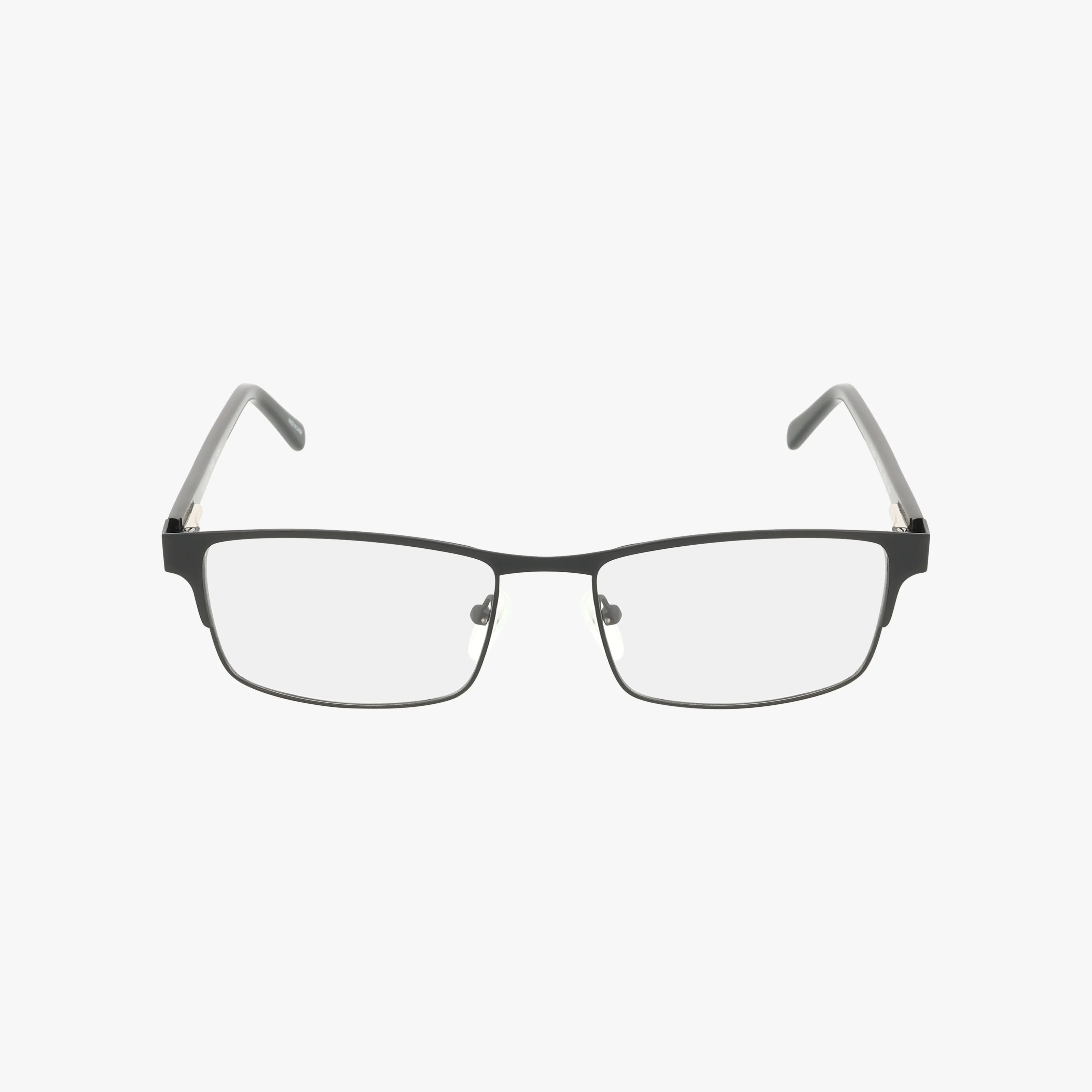 The CLASSY eyeglasses by Eight To Eighty feature rectangular black rims, clear lenses, and thin gray temples, offering timeless style and quality craftsmanship—all displayed on a white background.