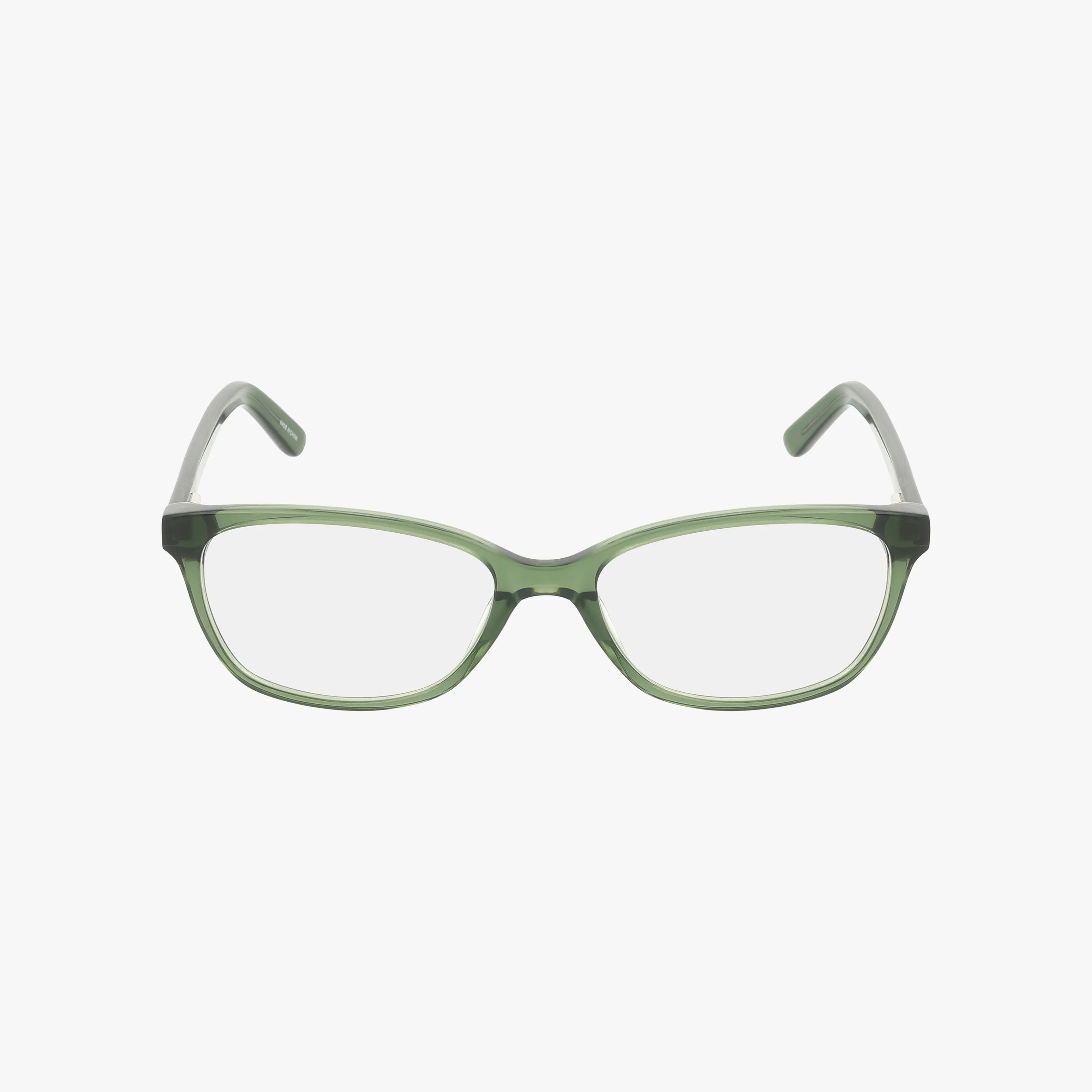 The JOY by Eight To Eighty is a pair of green, rectangular eyeglasses with clear prescription lenses and an artistic frame, displayed front-facing on a plain white background.