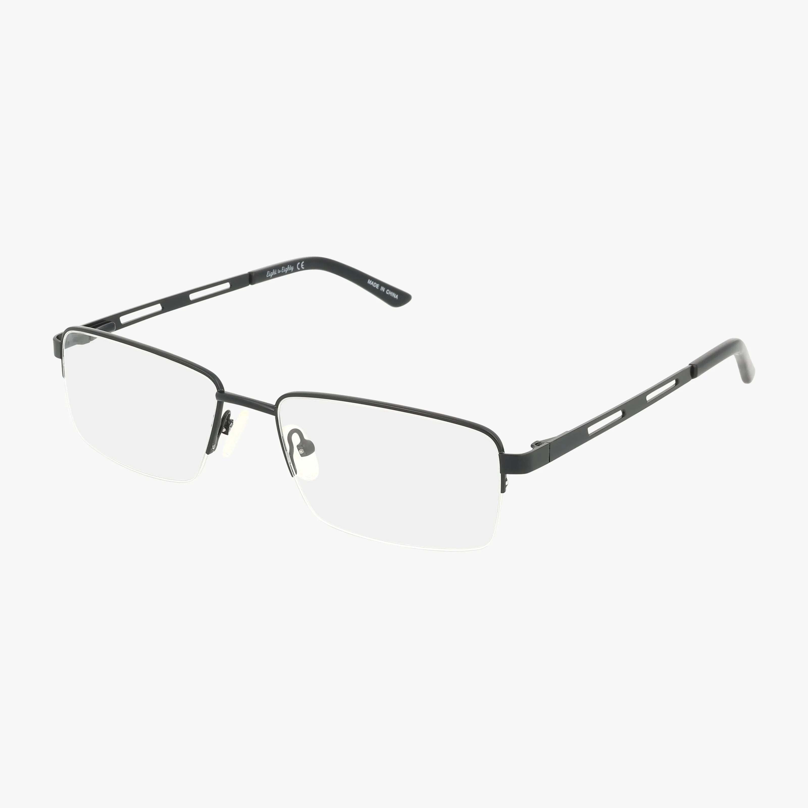 The Eight To Eighty NEW YORK eyeglasses in black feature semi-rimless rectangular frames, thin metal construction, and adjustable nose pads for style and comfort, shown against a plain white background.