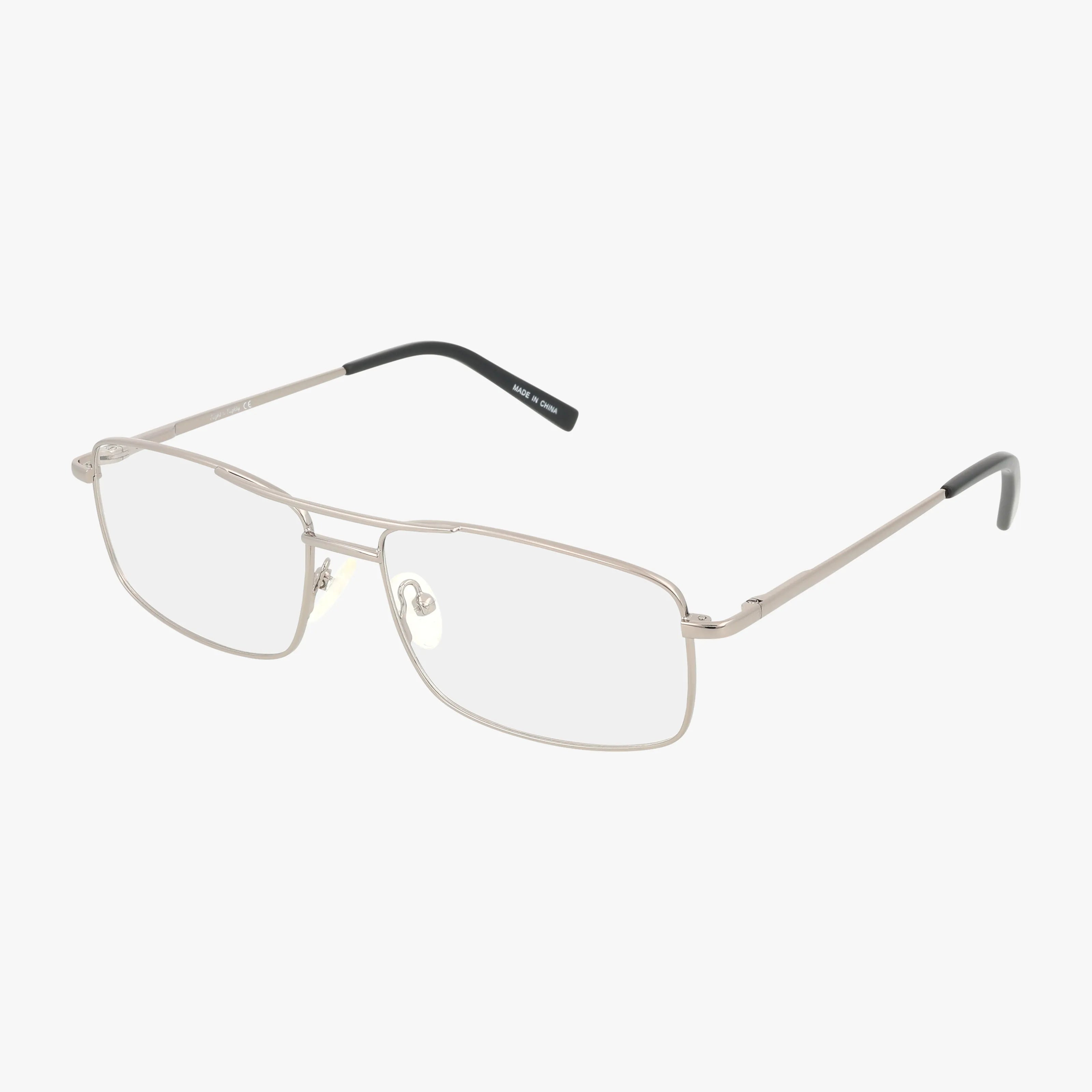 Eight To Eighty's TEXAS eyeglasses feature a contemporary rectangular design with thin gunmetal metal frames, clear lenses, and black-tipped temple arms, displayed on a white background.