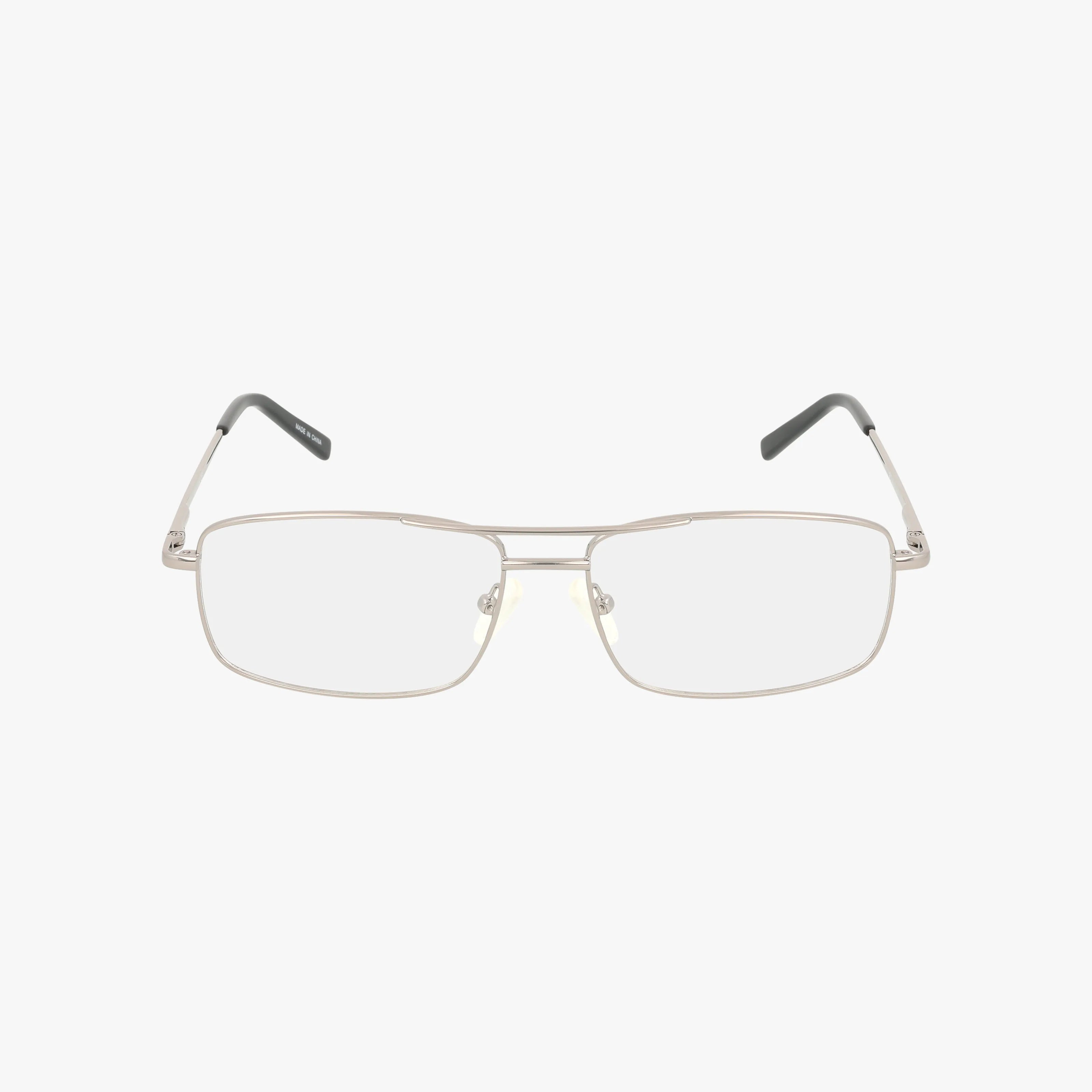 The TEXAS by Eight To Eighty features rectangular silver metal eyeglasses with a durable frame, clear lenses, and black temple tips, displayed on a plain white background.
