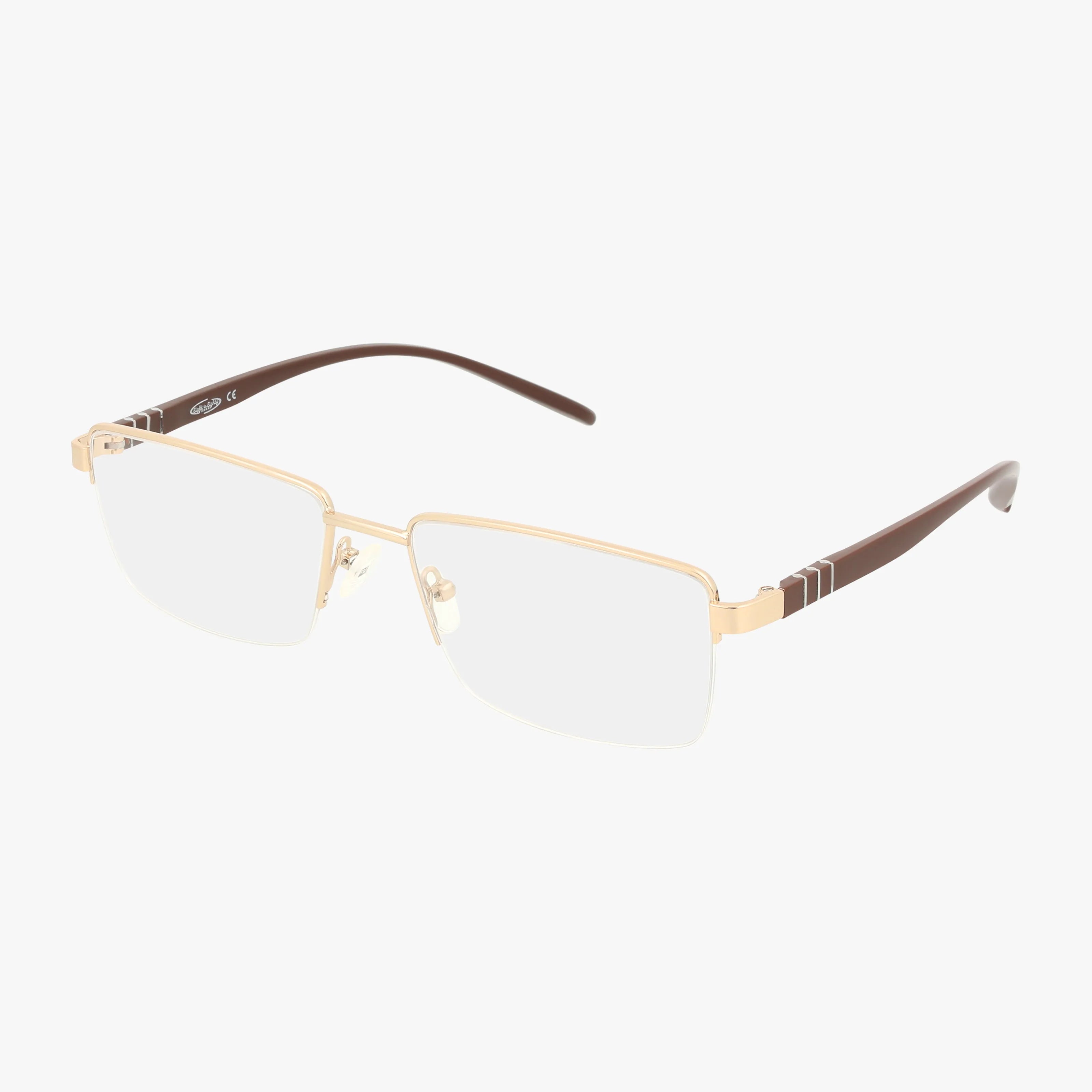 The Eight To Eighty WALTER features rectangular gold metal frames with brown arms and a durable design—ideal for stylish eyewear needs. Displayed on a white background.