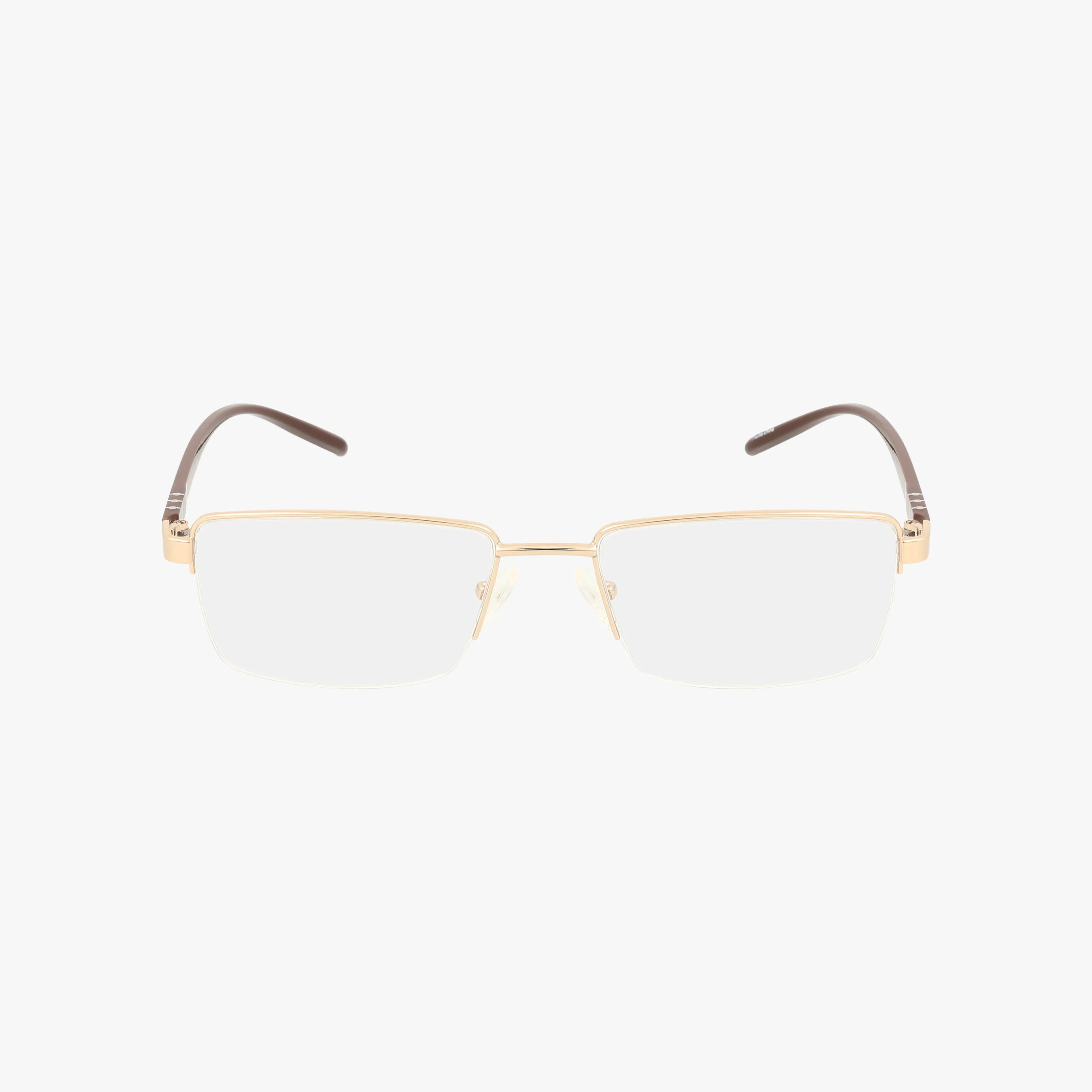 The WALTER by Eight To Eighty is a semi-rimless fashion eyewear featuring a gold metal frame and slim dark brown temple arms, shown against a white background.
