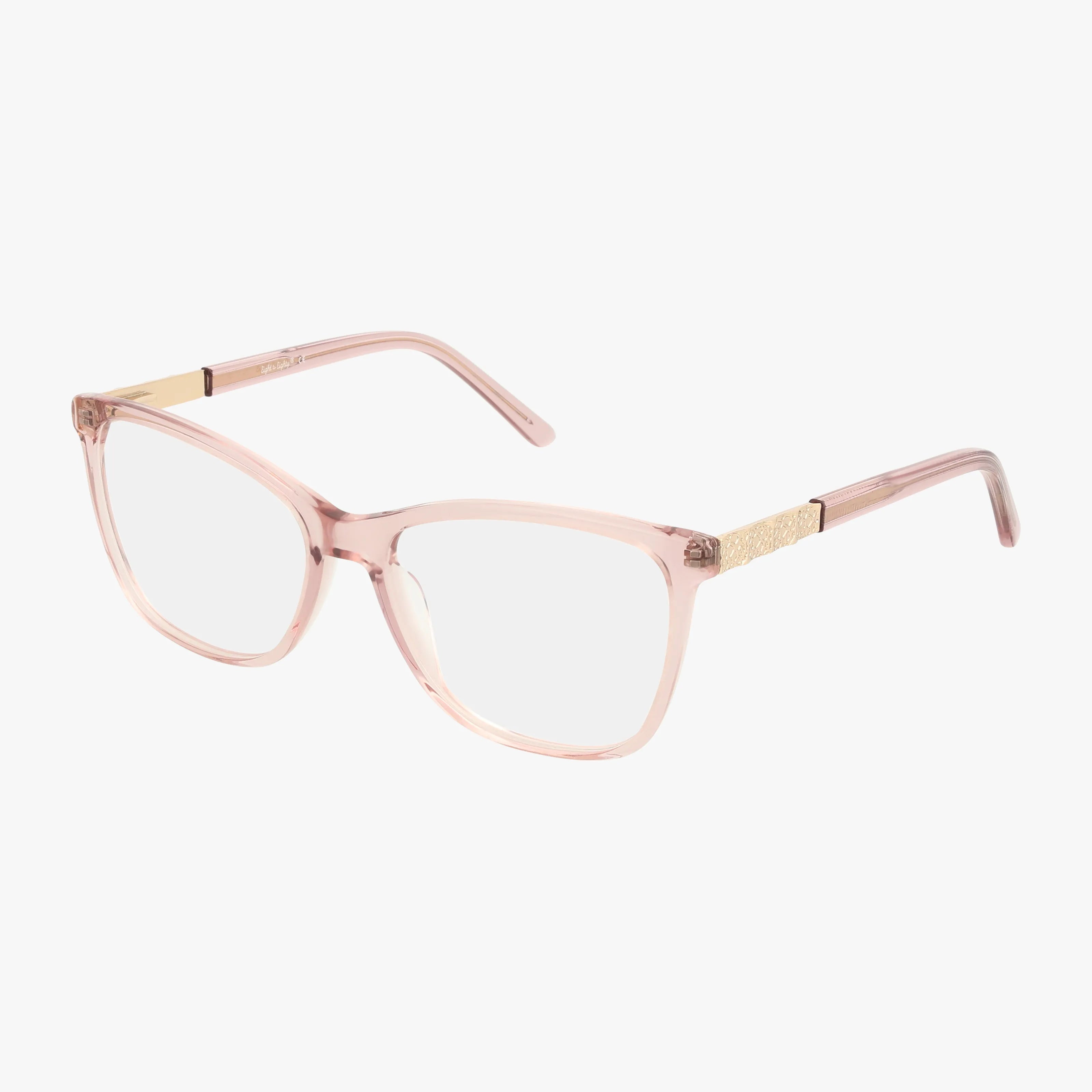 The Eight To Eighty NINA eyeglasses feature translucent light pink frames with gold temple accents and a lightweight design ideal for daily wear, shown against a white background.