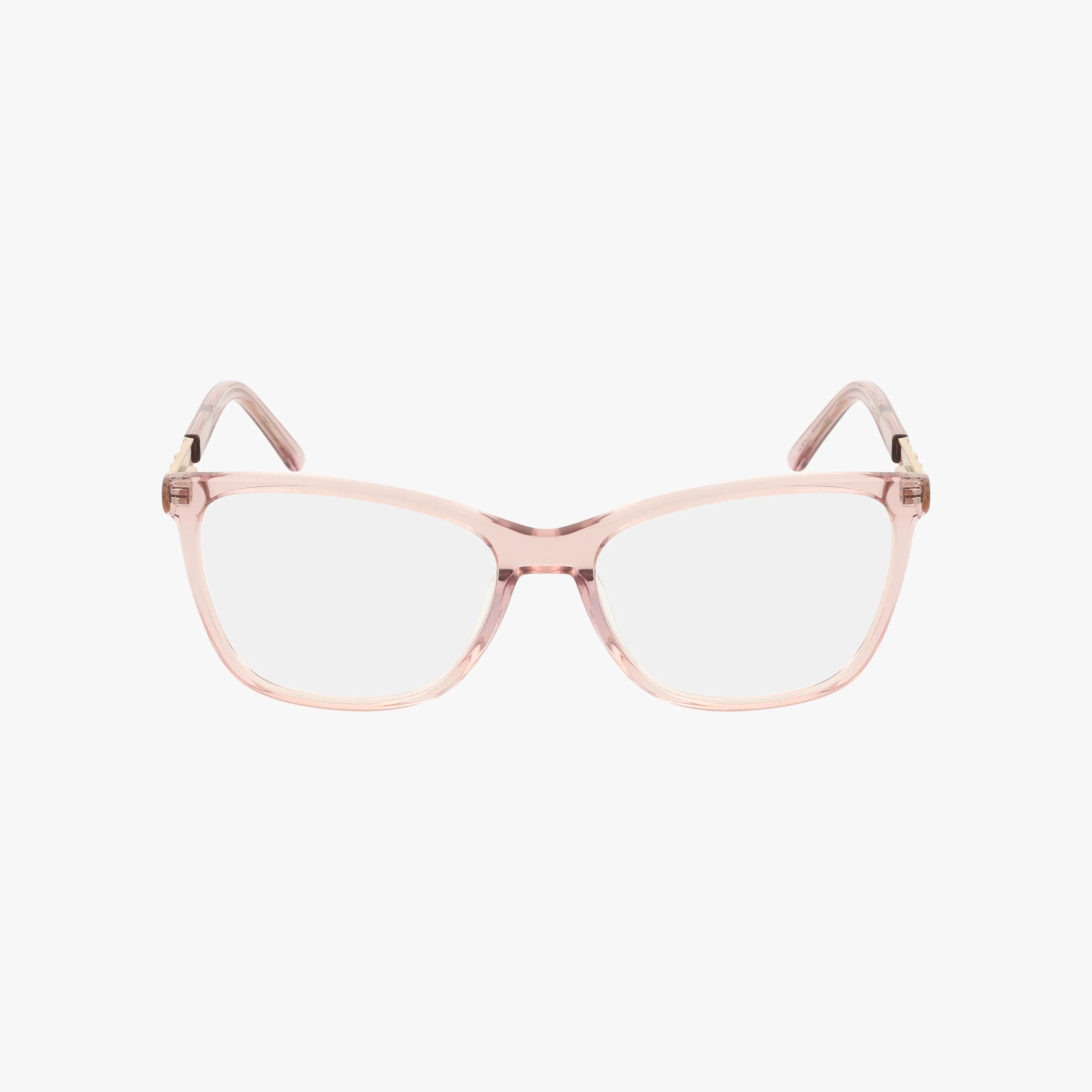 The NINA by Eight To Eighty features clear eyeglasses with transparent light pink frames, shown facing forward on a white background—a lightweight frame ideal for everyday wear.
