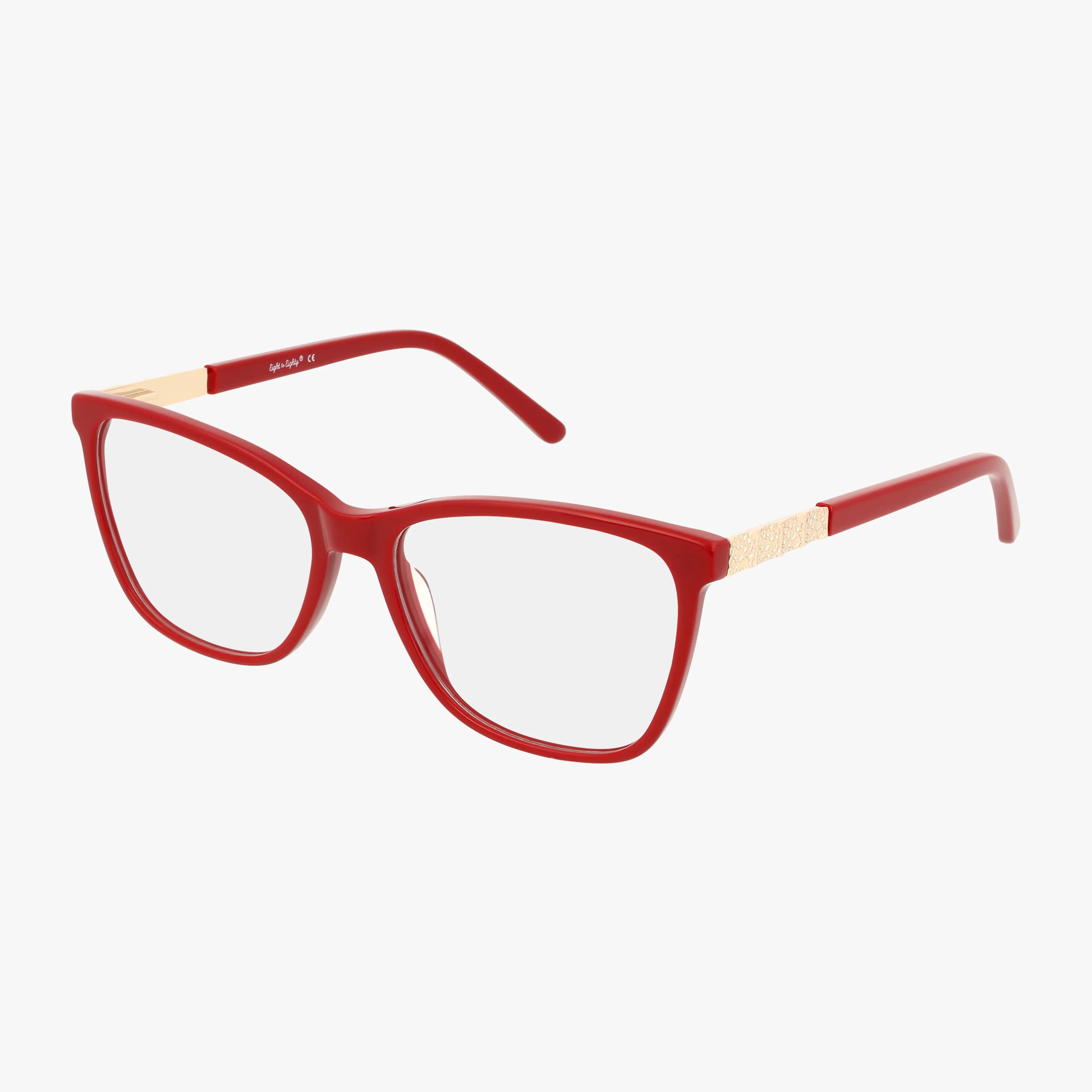 The Eight To Eighty NINA features red rectangular lightweight frames with gold temple accents and clear lenses, displayed on a white background—ideal for everyday wear.