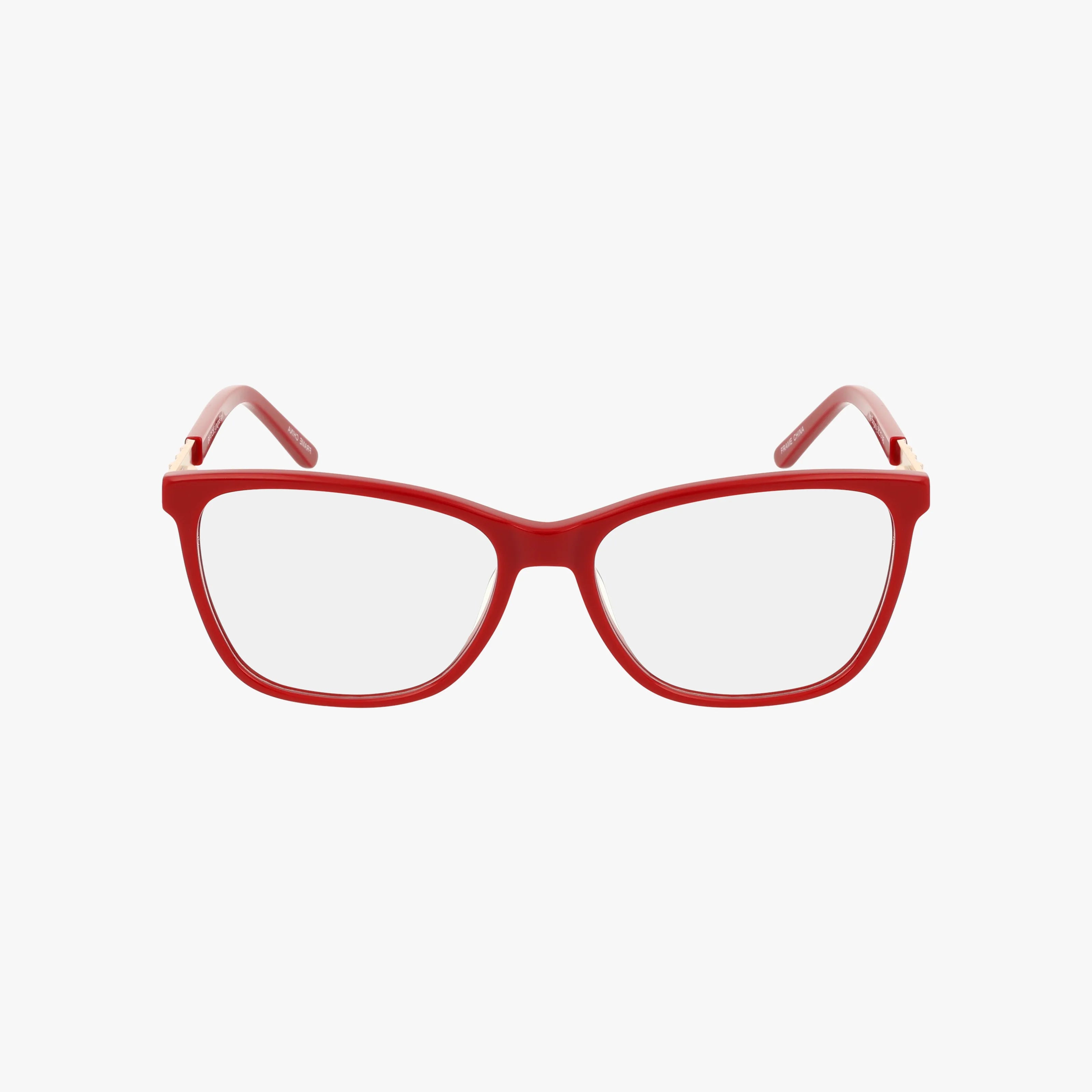 The Eight To Eighty NINA features red rectangular eyeglasses with clear lenses and a lightweight frame, perfect for daily wear, displayed front-facing on a white background.