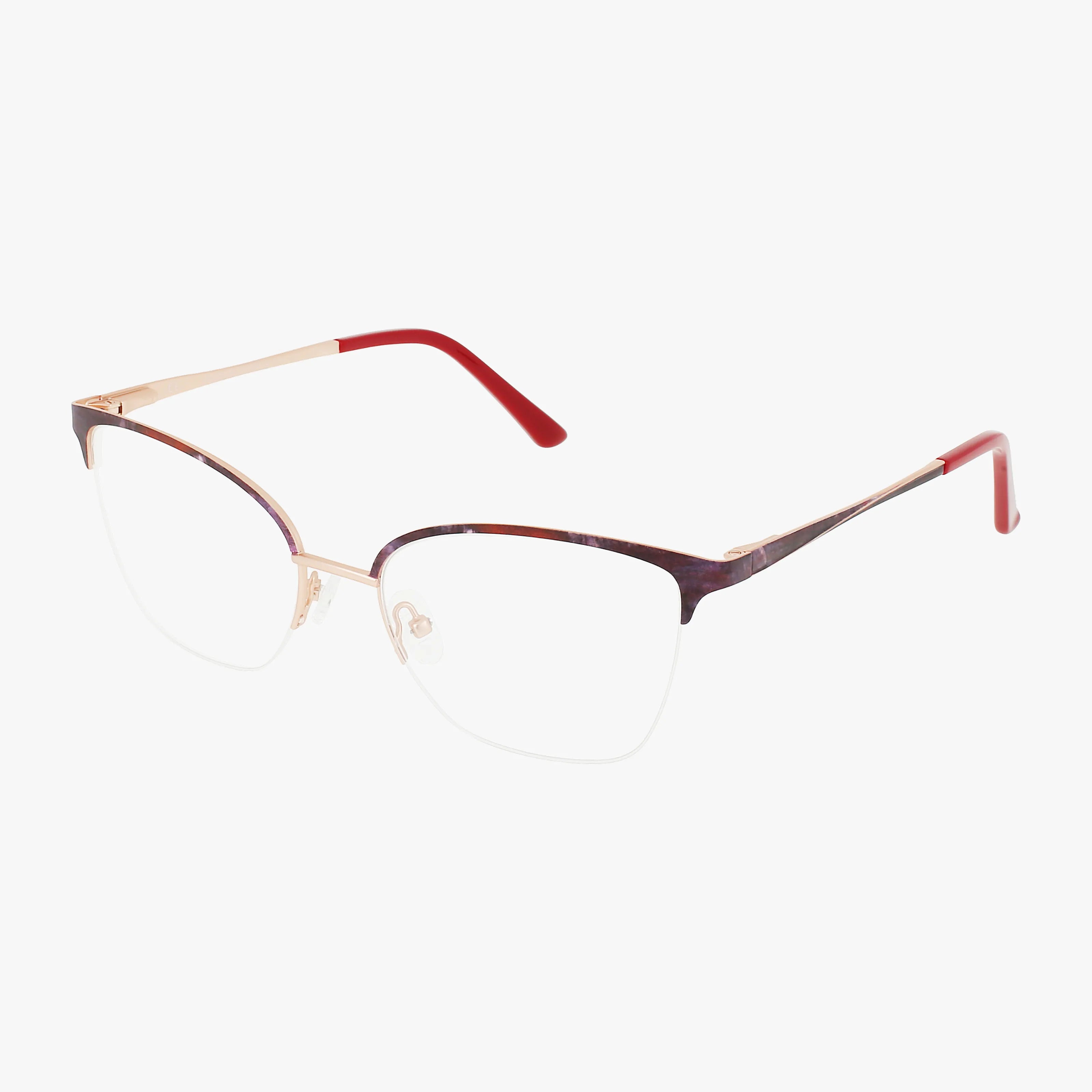 The Bloom CAMI eyeglasses feature a tailored semi-rimless frame with thin gold metal arms, red temple tips, and a dark upper edge—a modern look perfect for stylish eyewear needs. Displayed on a white background.