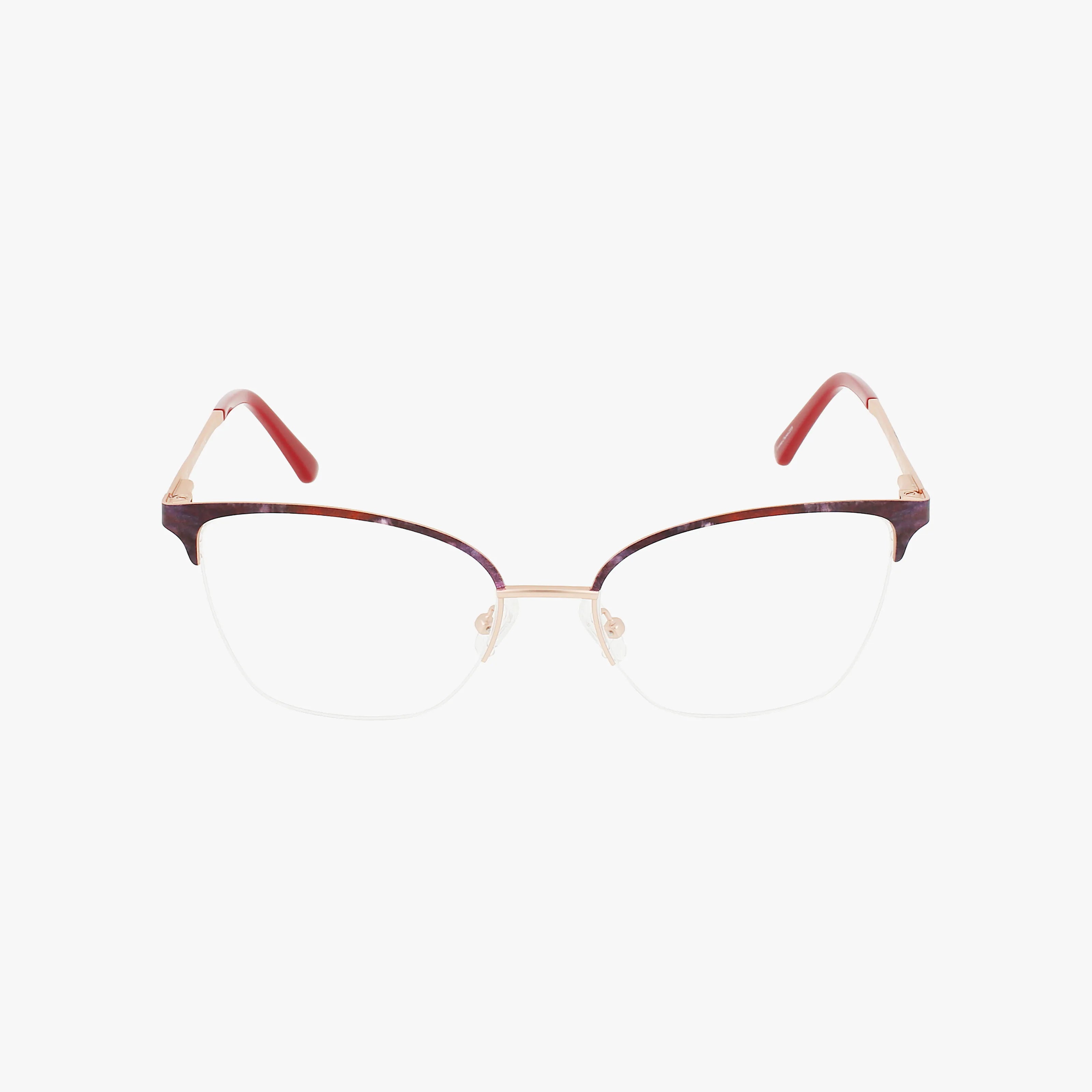 The Bloom CAMI eyeglasses feature semi-rimless burgundy and gold frames with red temple tips and a tailored design, shown on a white background—ideal modern eyewear for online shoppers.