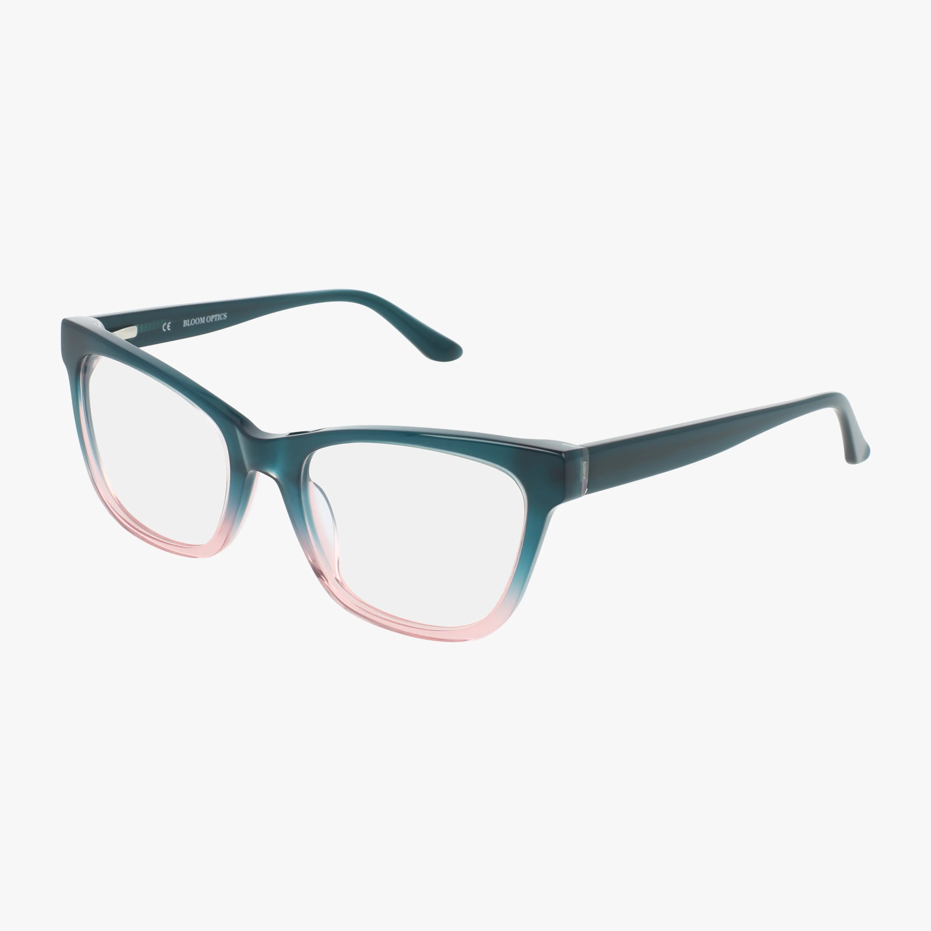The Bloom AMANDA eyeglasses feature luxurious rectangular frames with a teal top fading to light pink on the bottom, displayed on a white background to showcase their quality craftsmanship.