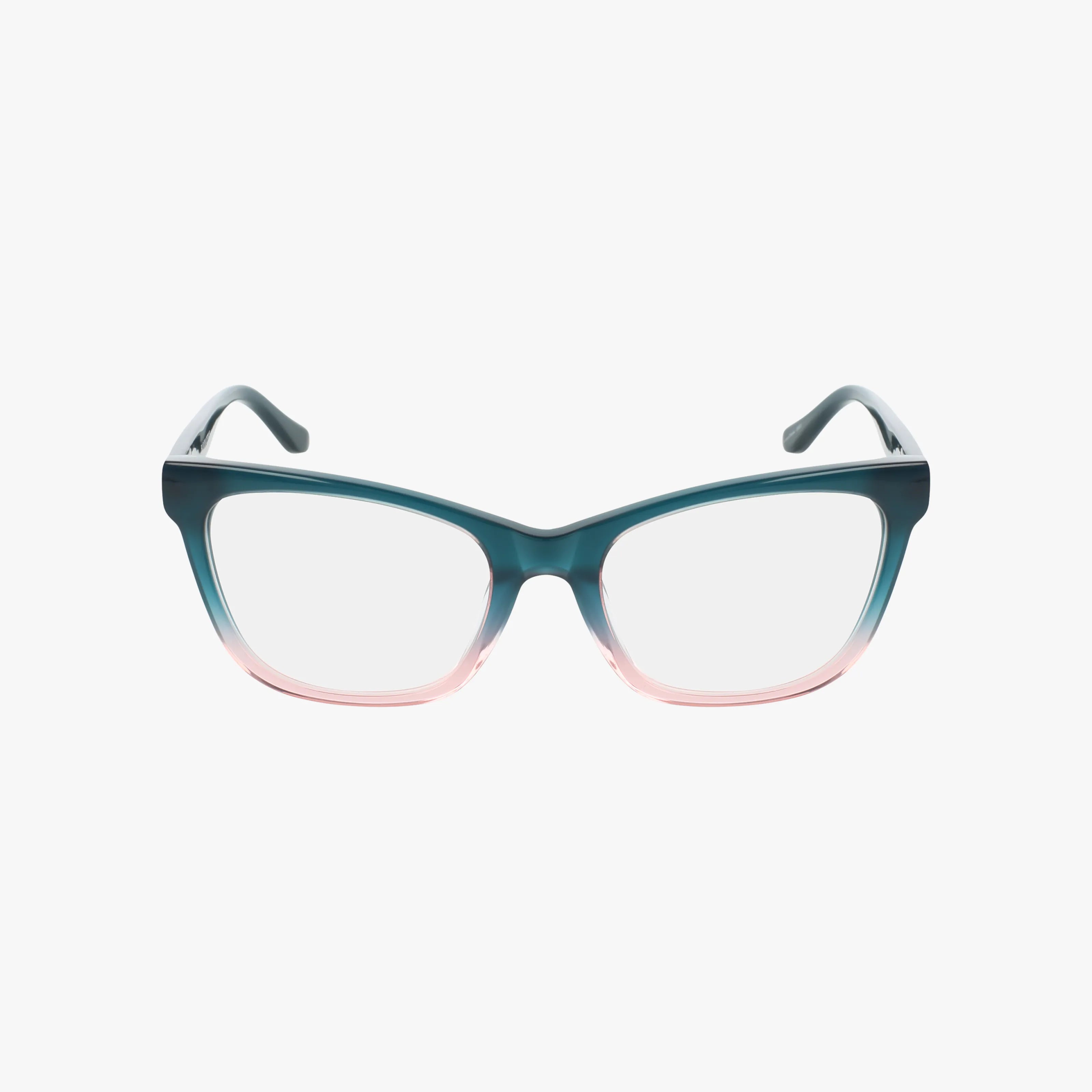 The Bloom AMANDA eyeglasses feature a luxurious rectangular frame in teal that fades into light pink, highlighting quality craftsmanship against a plain white background.
