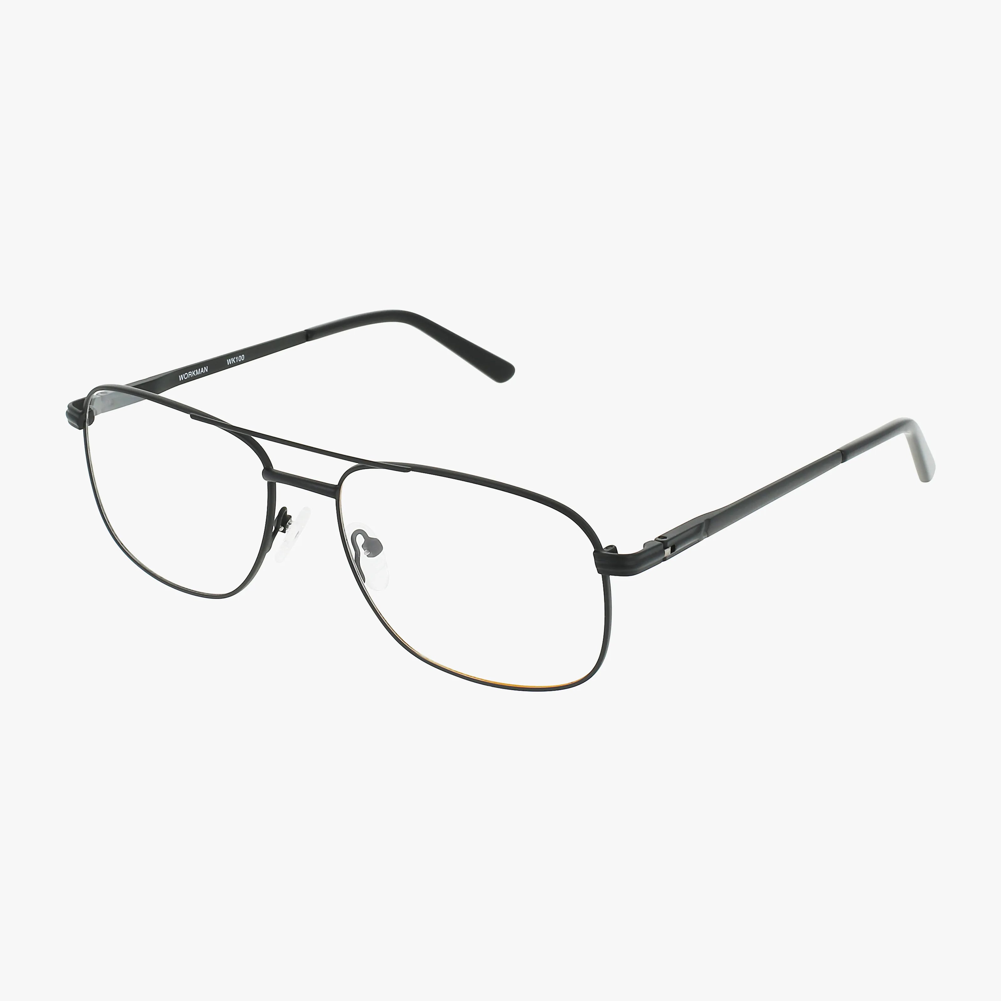 The Workman 100 is a pair of black metal aviator eyeglasses with clear lenses and adjustable nose pads, crafted for lasting comfort and durability, shown on a white background.