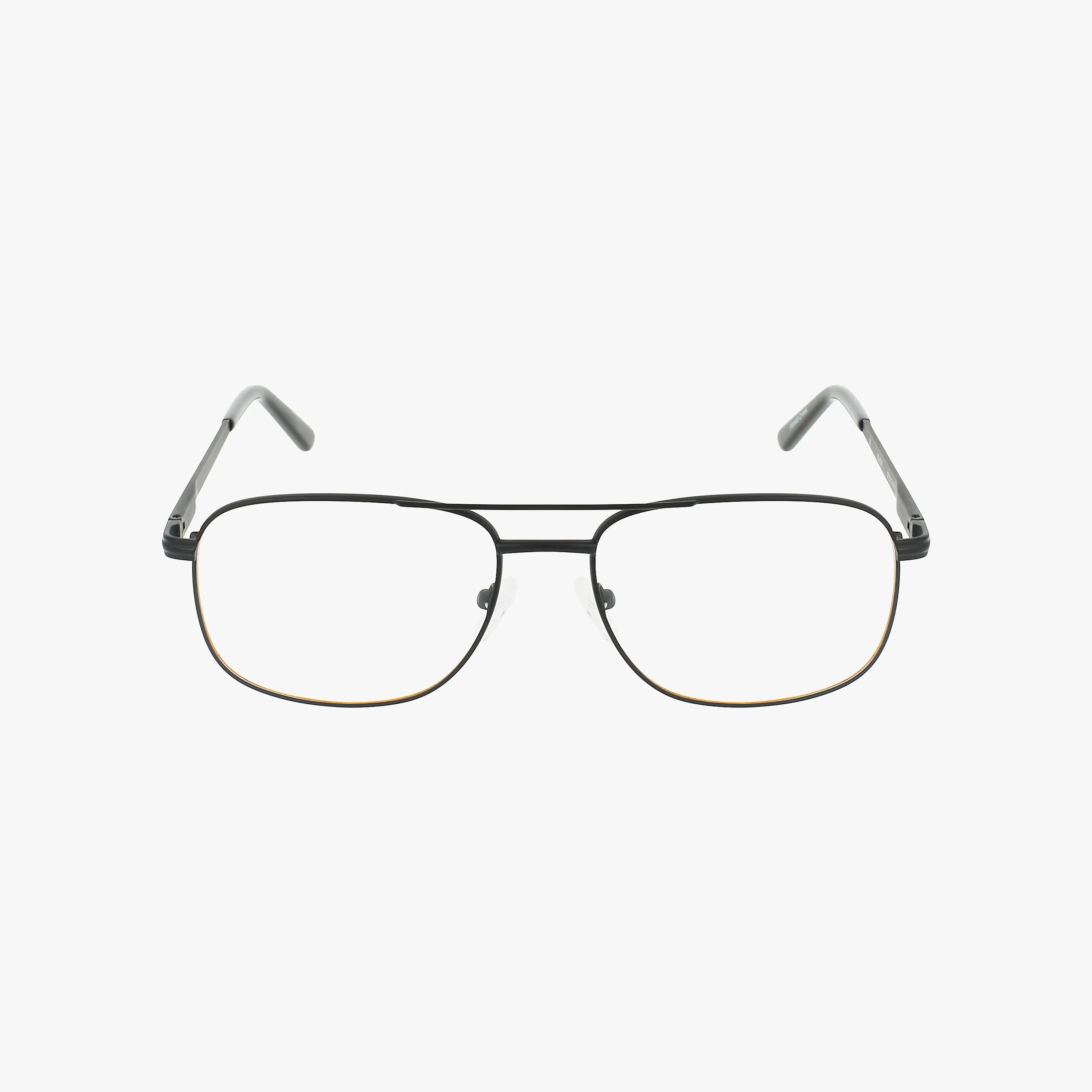 Workman 100 eyeglasses feature thin, rectangular black metal frames, transparent lenses, and clear nose pads—expertly crafted for lasting comfort—displayed on a plain white background.