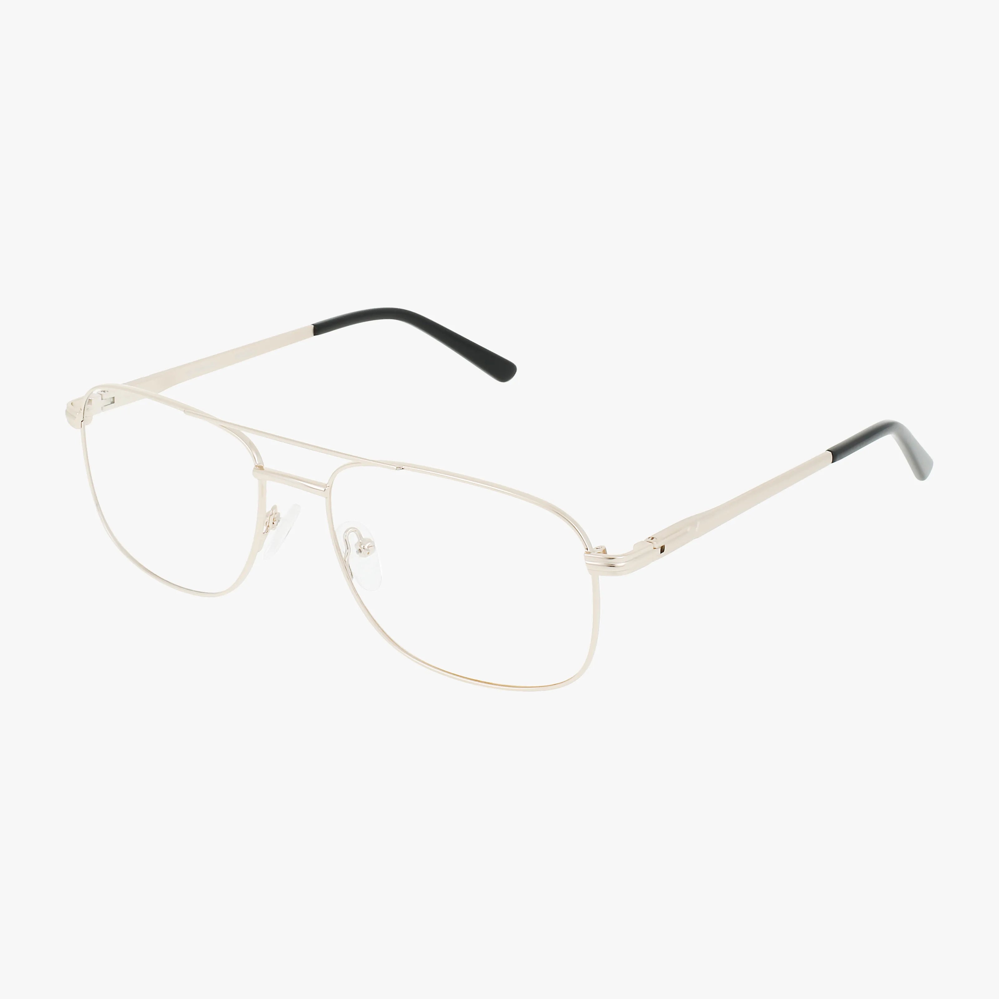 The Workman 100 features gold metal aviator-style eyeglasses with a luxurious frame, clear lenses, adjustable nose pads, and black-tipped arms for comfort and quality craftsmanship, shown on a white background.