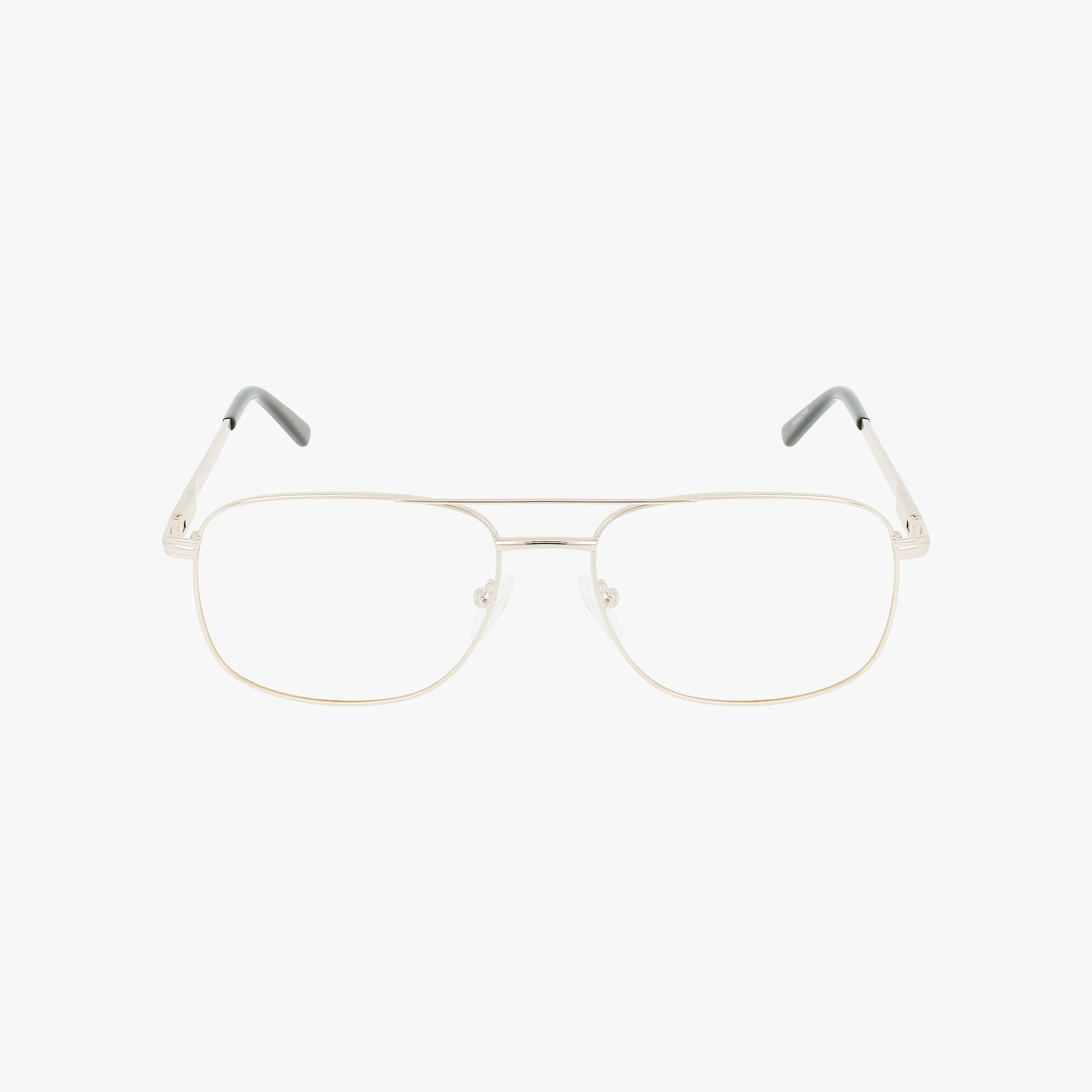 Workman 100 eyeglasses feature a thin gold metal rectangular frame with clear lenses and gray-tipped arms, offering quality craftsmanship and lasting comfort, displayed on a plain white background.