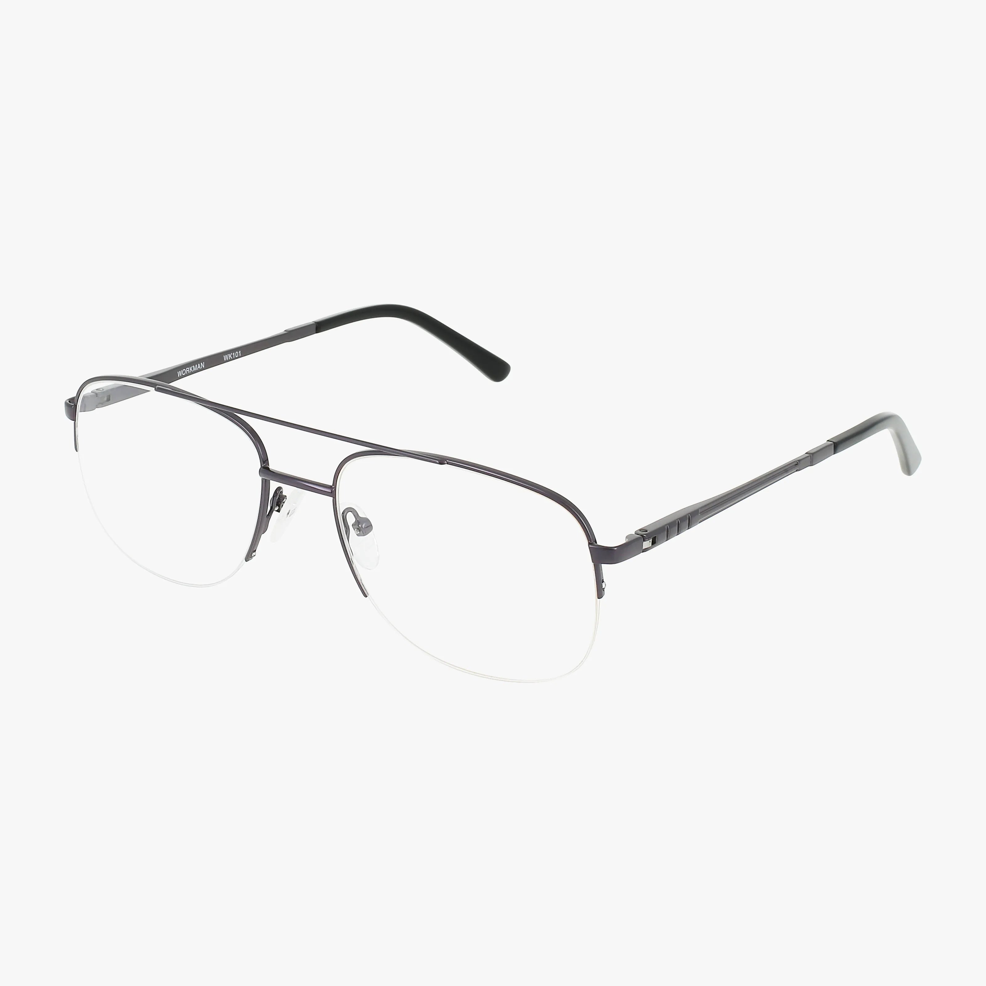 Workman 101 aviator-style eyeglasses feature a stylish gunmetal frame, thin dark metal construction, clear lenses, and black earpieces, shown against a white background.