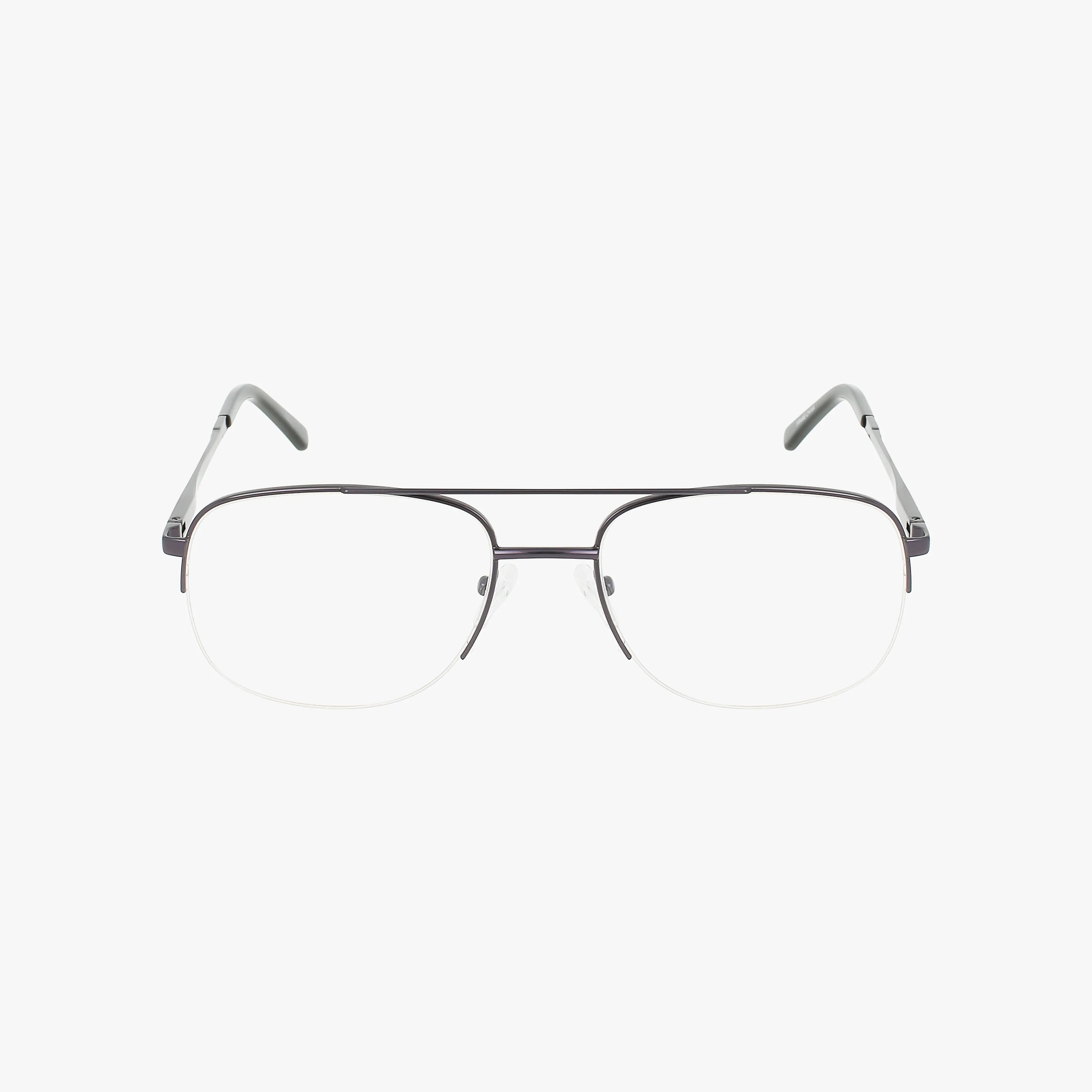 The Workman 101 eyeglasses are semi-rimless with a sleek black metal top and clear lenses, showcased on a white background.