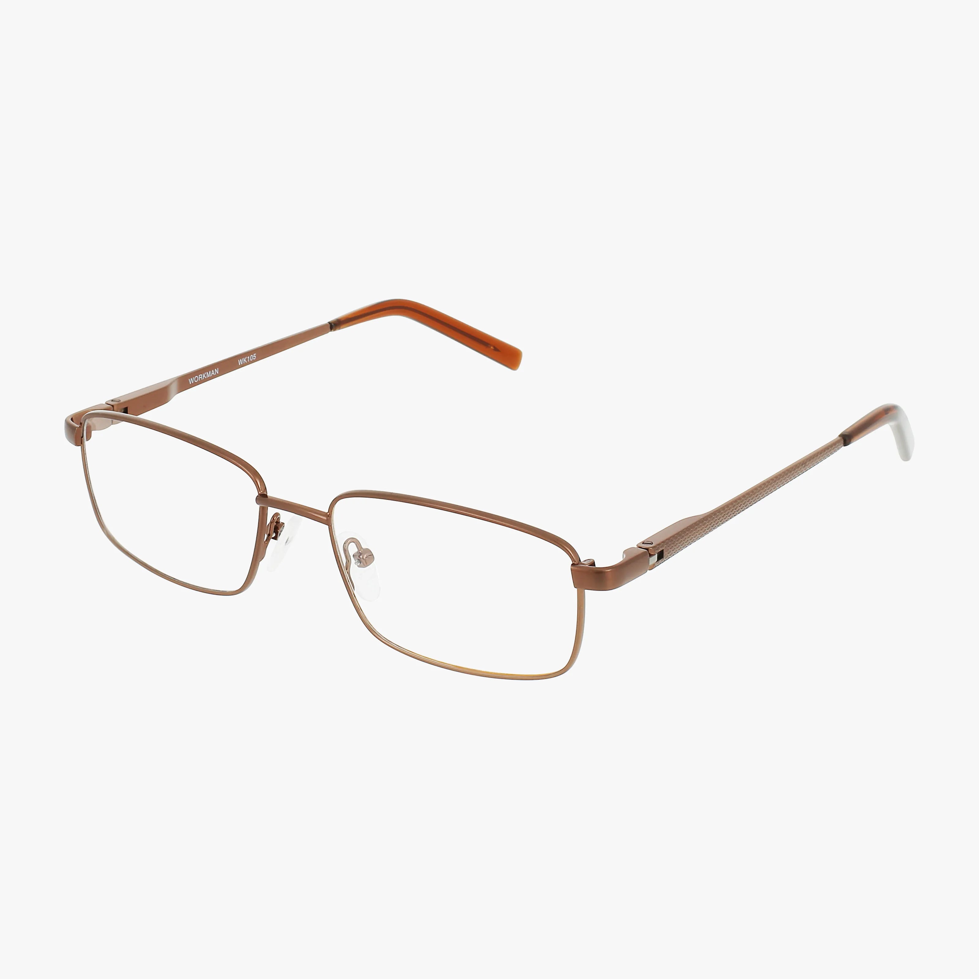 Workman 105: Rectangular brown metal modern eyeglass frame with thin, lightweight design, clear nose pads, and orange-tipped temple arms. Displayed on a white background.