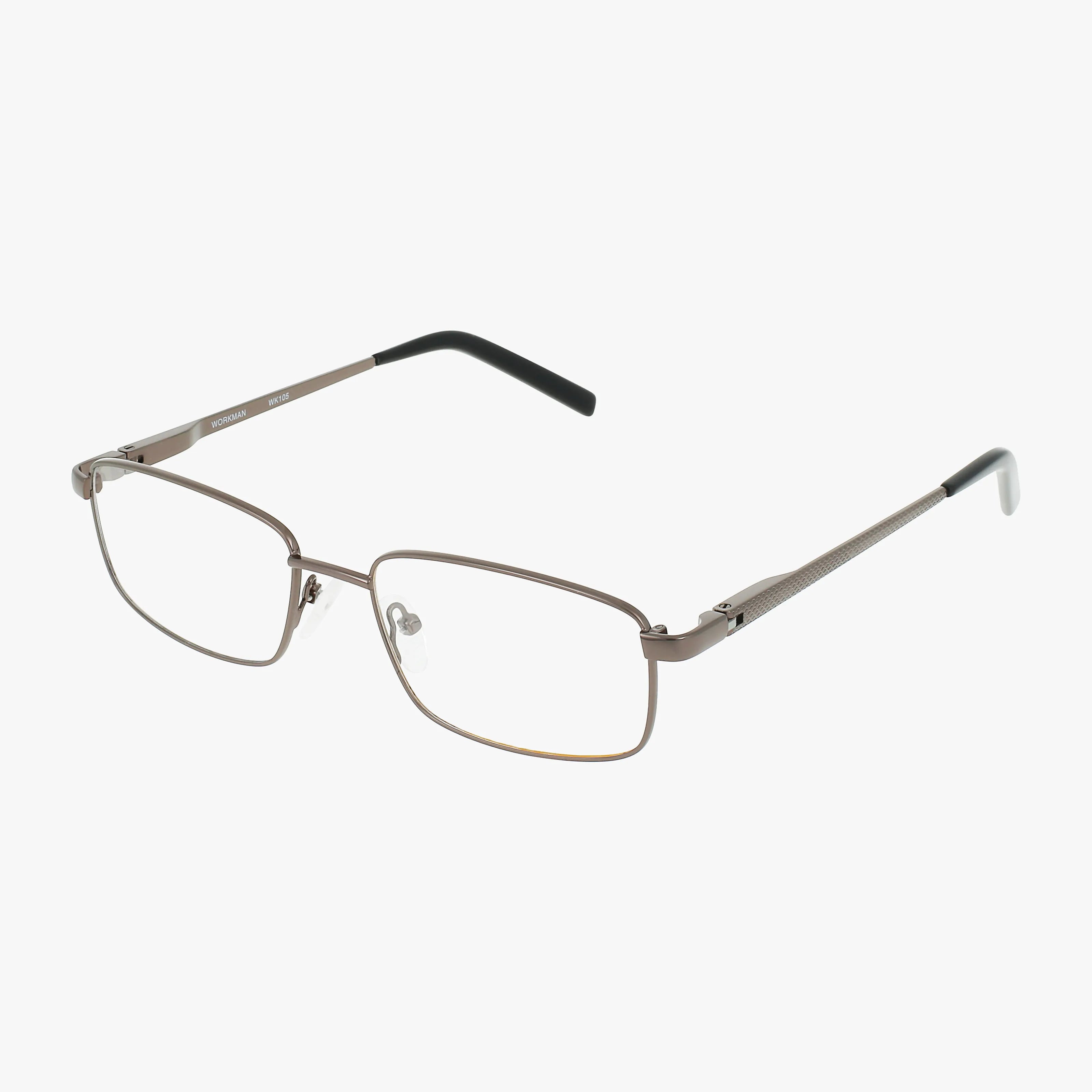 The Workman 105 features rectangular metal eyeglasses with thin silver frames, adjustable nose pads, and black-tipped temples. This modern style is showcased against a white background.
