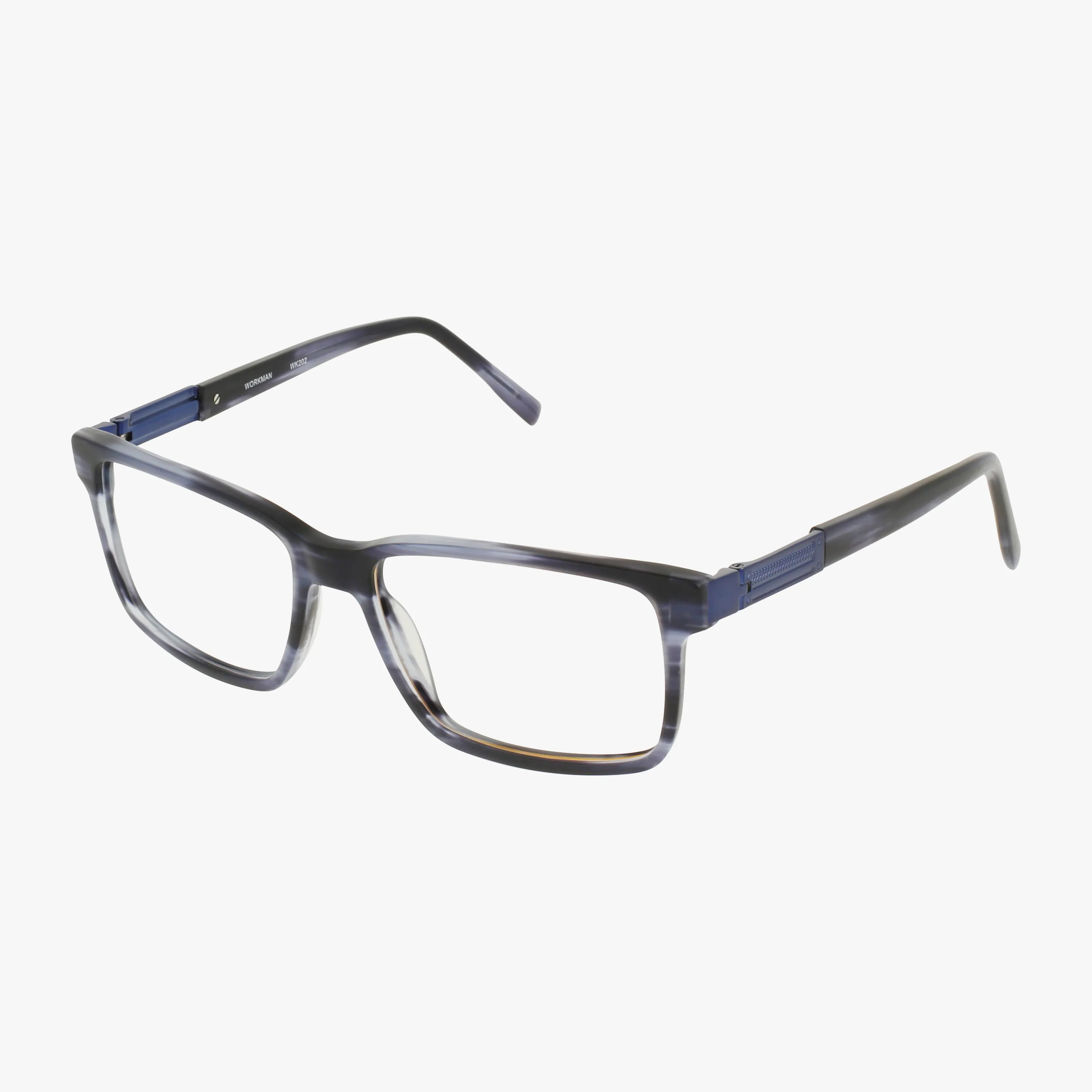 Workman 202 eyeglasses feature a rectangular shape with a refined blue matte frame and subtly curved arms, providing an elegant and sophisticated touch. Shown against a white background.