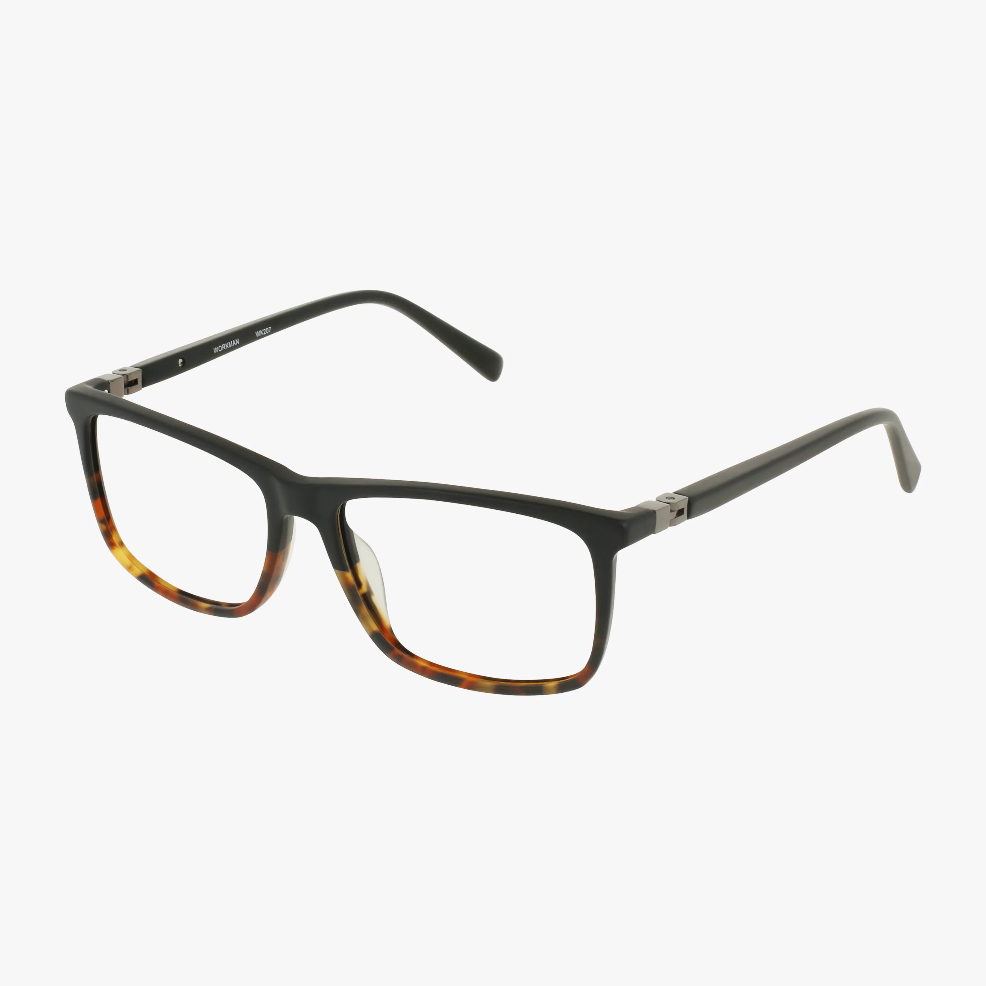 Workman 207 rectangular eyeglasses in Black Tortoise feature sleek black rims, tortoiseshell detail along the bottom, metal hinges, and straight black arms for a versatile look. Shown on a white background.