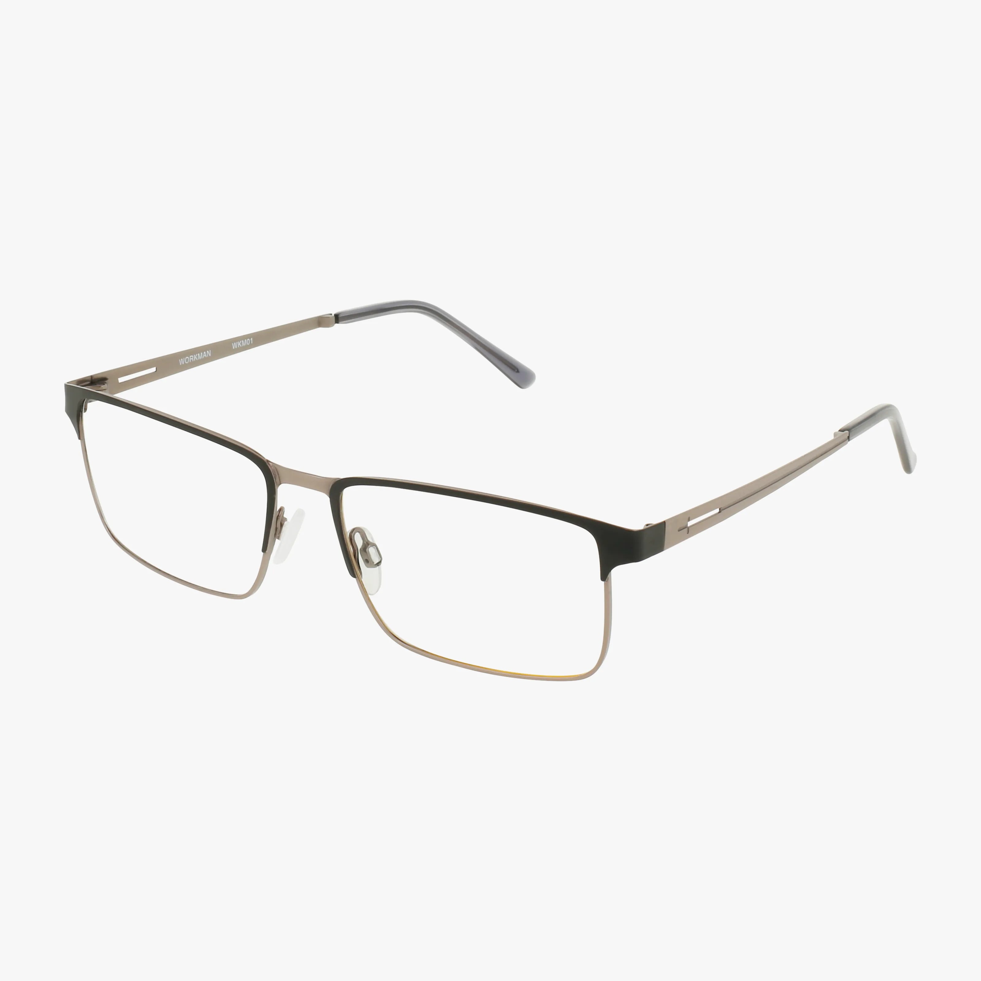 Workman 1 rectangular eyeglasses feature thin, metallic black matte frames with adjustable nose pads and slim, straight arms—crafted for lasting resilience and everyday excellence. Displayed on a white background.