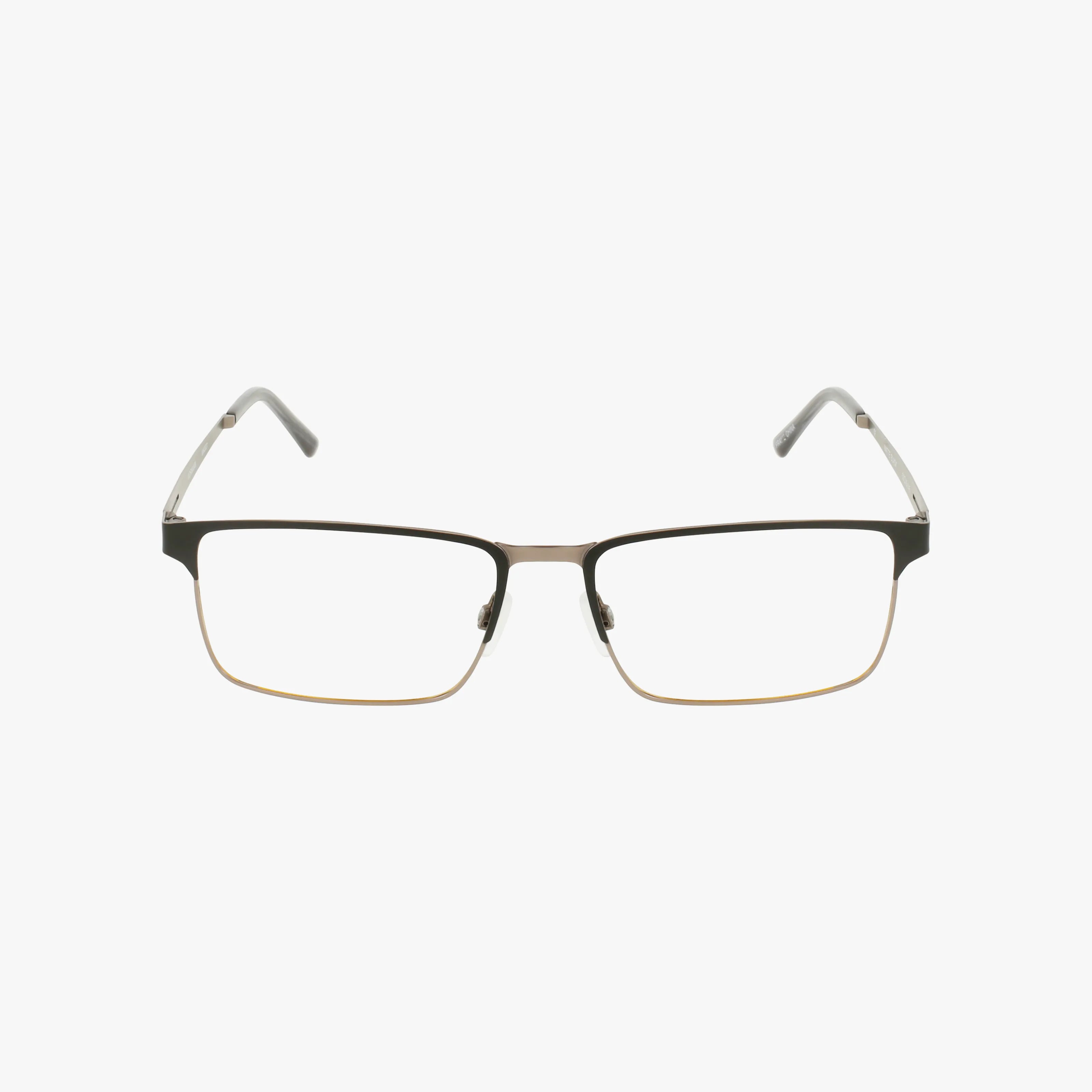Workman 1 features rectangular eyeglasses with a thin, two-tone metal frame—dark on top, light gold below. With clear lenses and transparent temple tips, this bold design adds everyday excellence to your style.