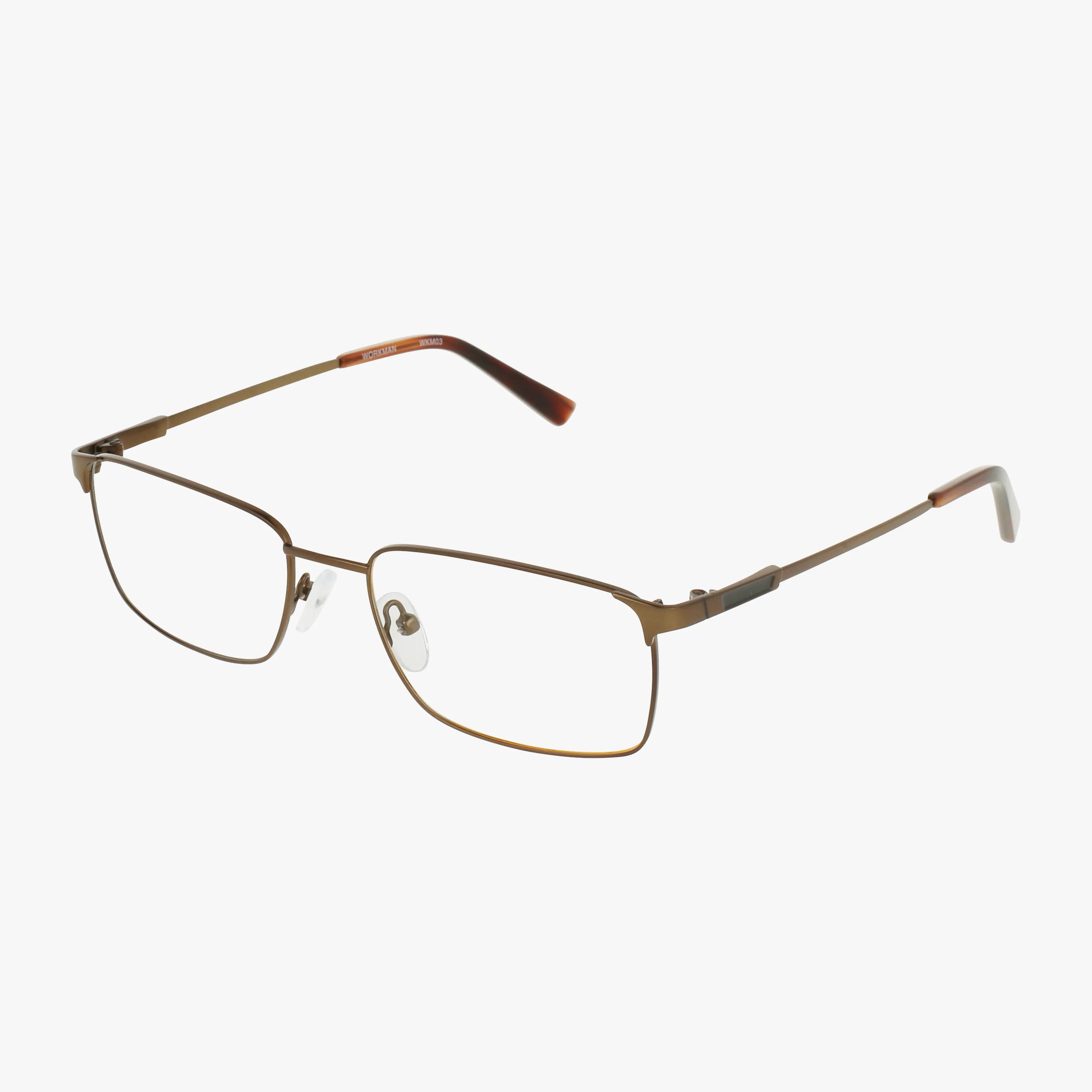 The Workman 3 features rectangular gold wireframe eyeglasses with clear nose pads and transparent temple tips, offering timeless style, shown on a white background.