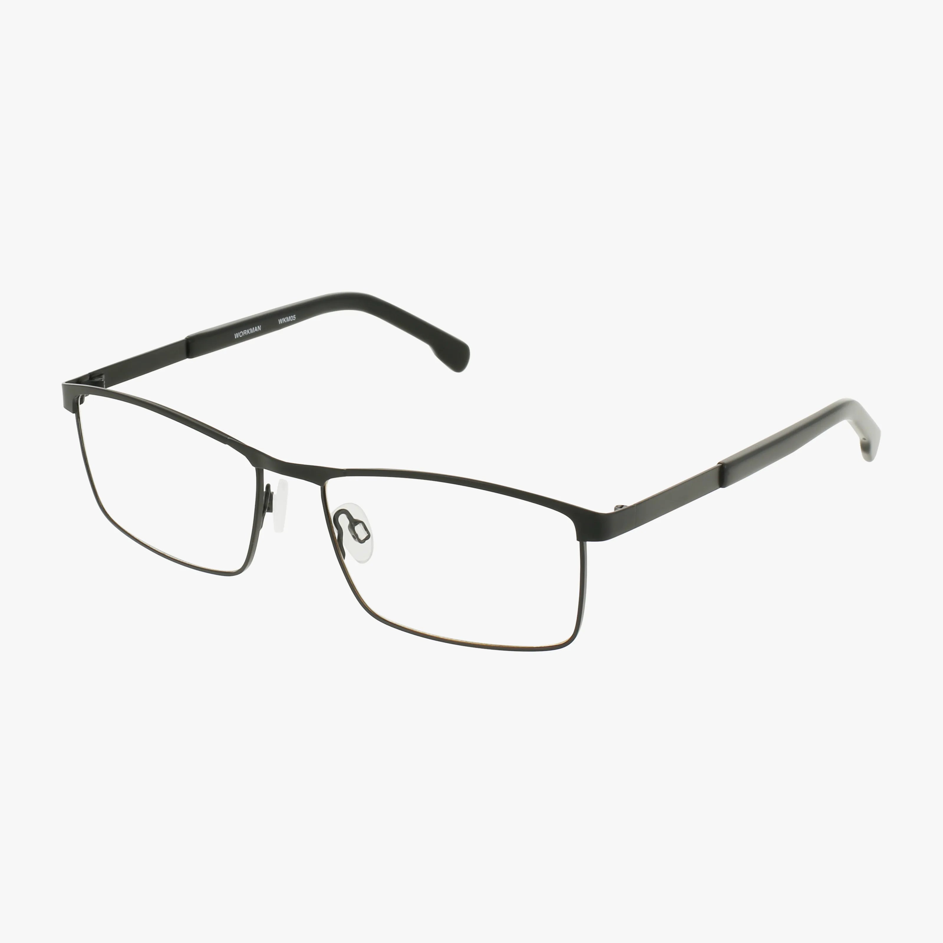 The Workman 5 eyeglasses feature a black matte rectangular metal frame with clear lenses and black plastic temple tips, stylishly displayed on a white background.